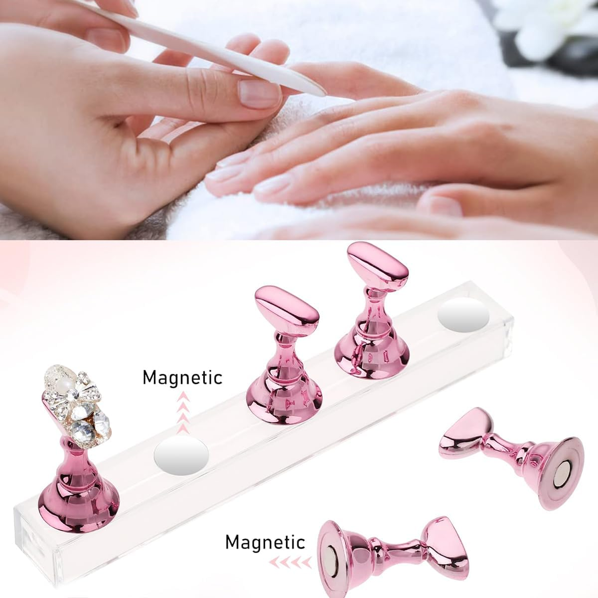 Ruayia 2 Sets Nail Stand on Nails Display, Acrylic Aurora Nail Stand, Pink Training Finger Display Stand, Press on Nails Display Stand, with 48 Pieces Adhesive Clay, Pink and Clear image number 1
