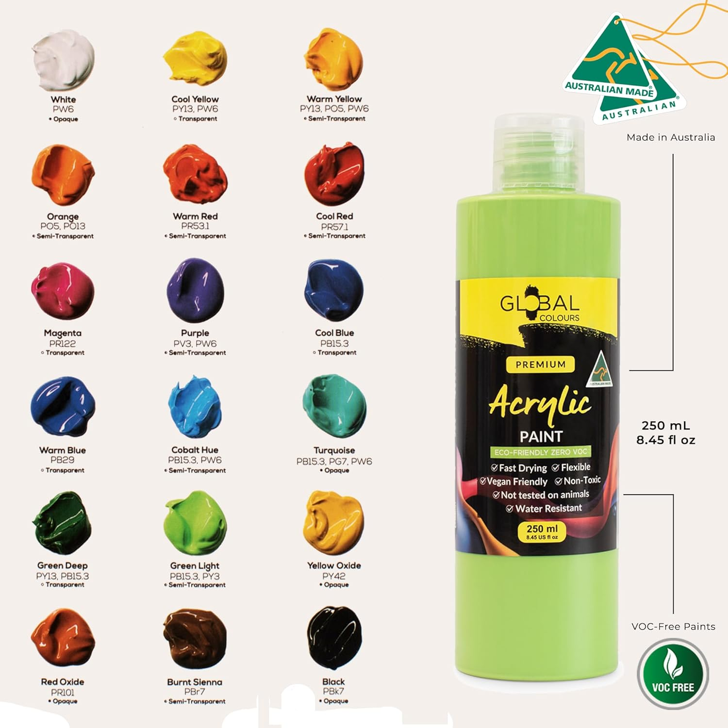 GLOBAL COLOURS Acrylic Paint Set &ndash; 18 X 250Ml Bottles &ndash; Made in Australia | Non-Toxic Artist Paint for Canvas, Wood, Paper, Ceramics &ndash; Rich Colours for Classrooms, Studios & Professionals image number 3