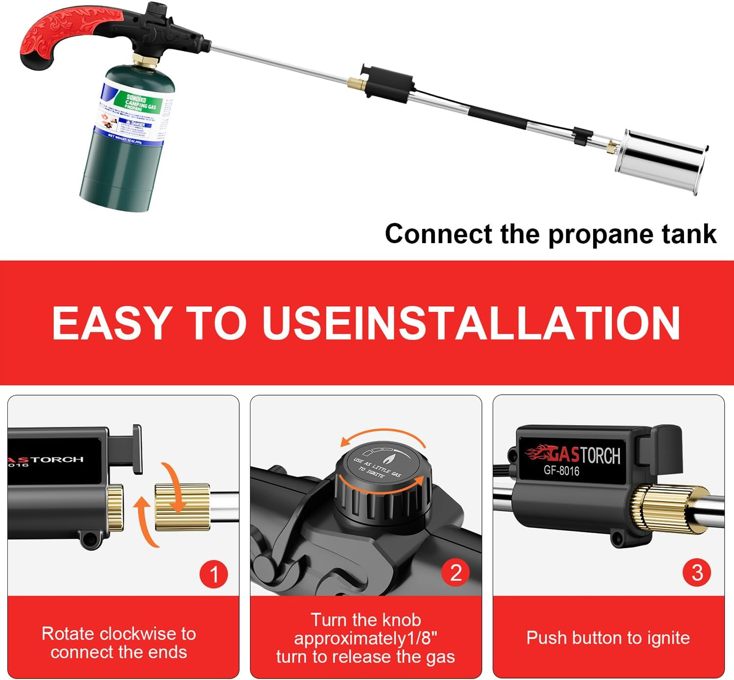 Sondiko Big Flame Propane Torch Head Kit, Weed Torch, Heavy Duty Blow Torch Detachable Propane Weed Torch with High Output 800,000 BTU for Garden Stumps Wood Ice Snow Roofing, Black & Red image number 5