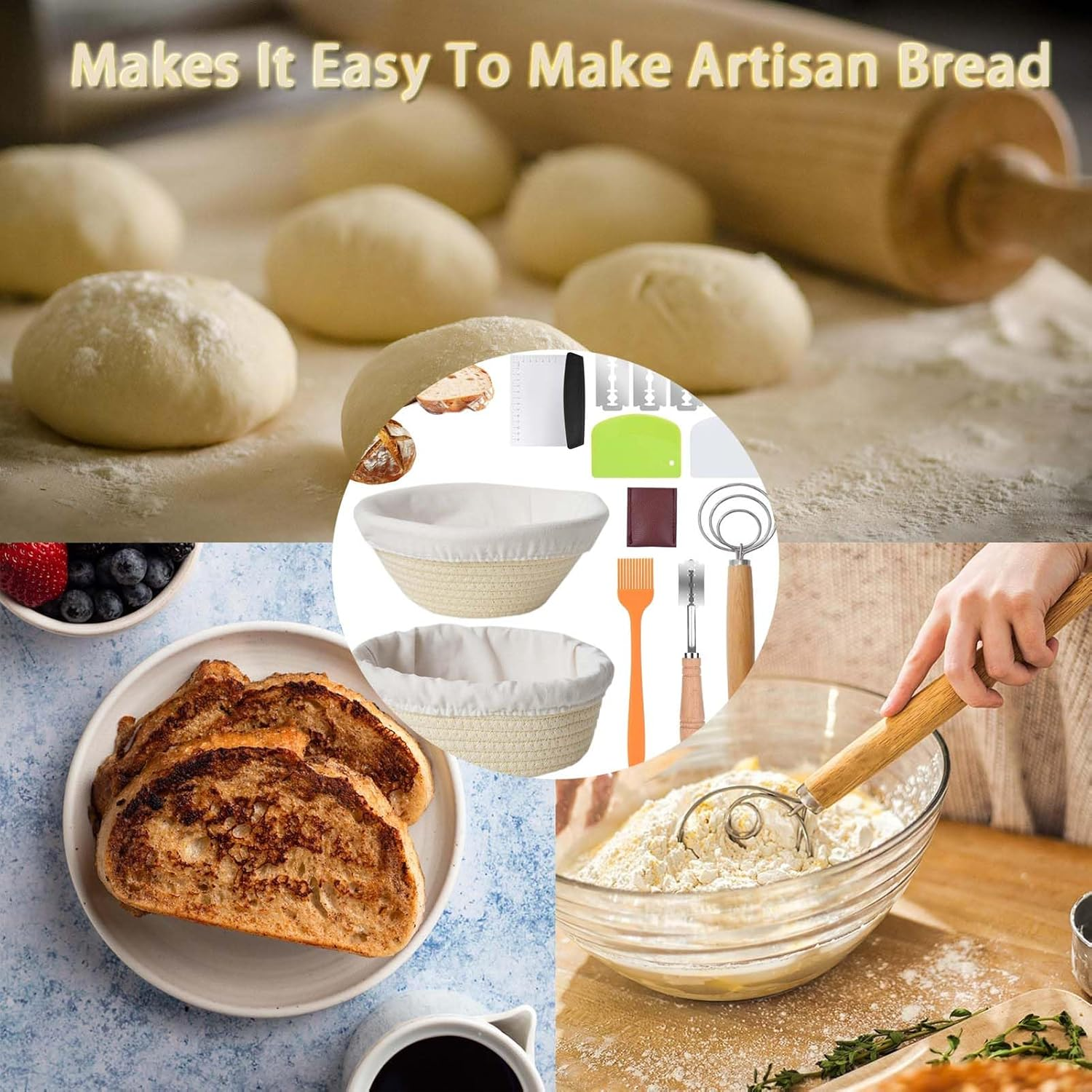 Sourdough Starter Kit,Sourdough Bread Baking Supplies with 9.8'' round and 9'' Oval Banneton Bread Proofing Basket,Dough Whisk,Bread Lame,Metal Scraper and Silicone Brush image number 4