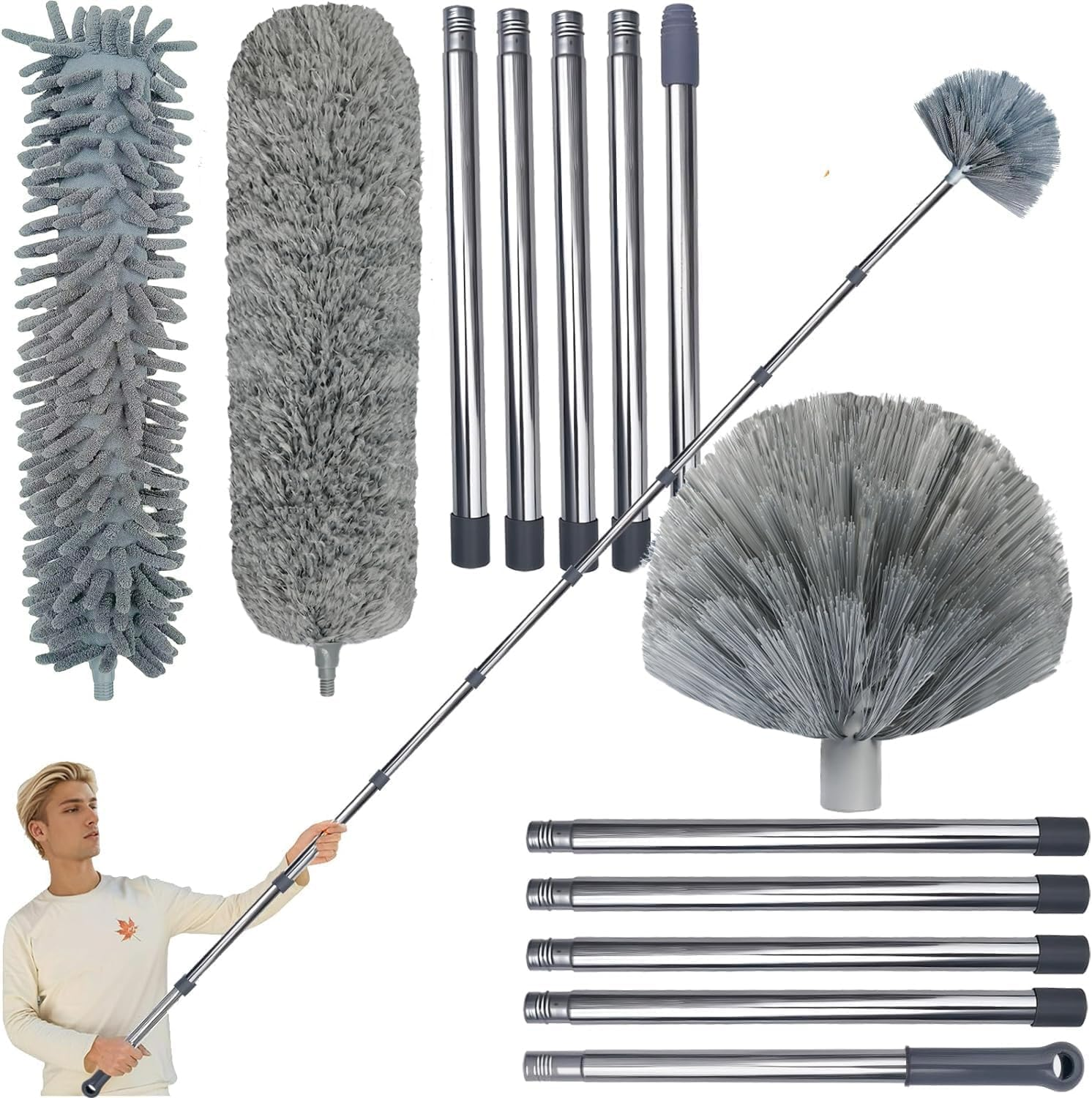 DIMBRAH Extendable Microfiber Duster Set with 4.3Meter Extension Pole, 3 Interchangeable Heads, High Ceiling Cobweb Cleaner for Indoor & Outdoor Use, Gray image number 3