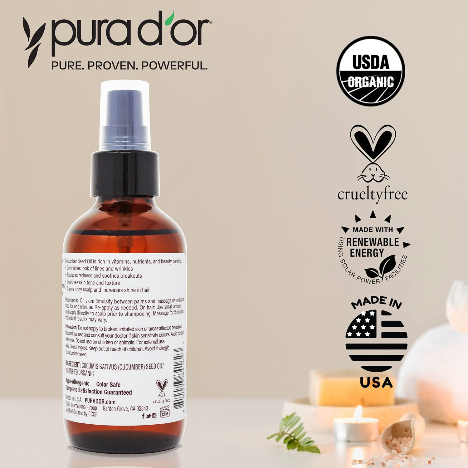 PURA D'OR 4 Oz Organic Cucumber Seed Oil100% Pure USDA Certified Premium Grade All Natural Moisturizer, Cold Pressed, Unrefined, Hexane-Free Base Carrier Oil for DIY Skin Care for Men & Women image number 2