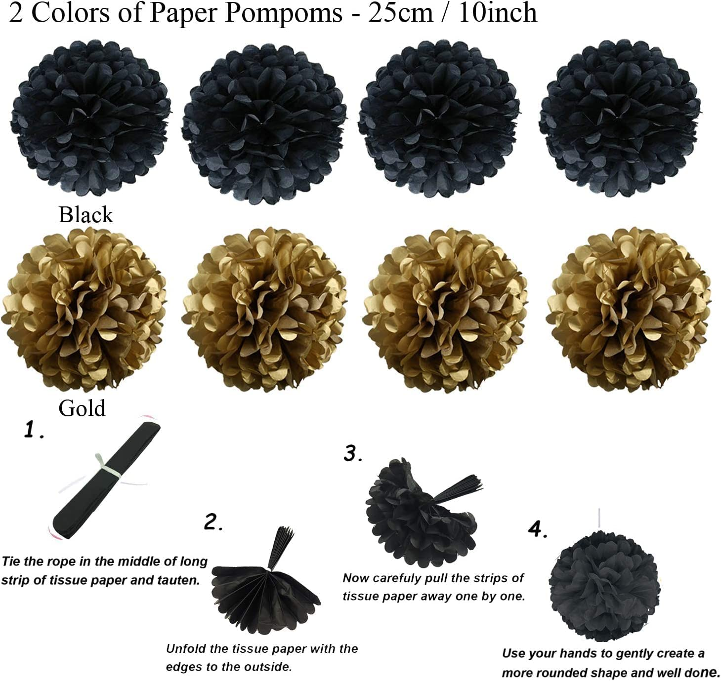 Party Decoration, 21 Pcs Black and Gold Hanging Paper Fans, Pom Poms Flowers, Garlands String Polka Dot and Triangle Bunting Flags for Birthday Parties Wedding D&eacute;cor, Table & Wall Decorations