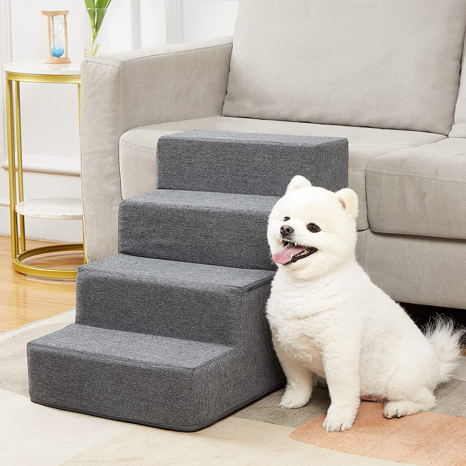 Dog Stairs & Steps for Small Dogs Cats Holds up to 25Kg, Pawque Pet Steps for High Bed Couch, Shock Absorbing Foam with High-Strength Boards for Pet Safe, Non-Slip Removable Washable Cover, 4 Step-Grey ( 45Cm High) image number 1