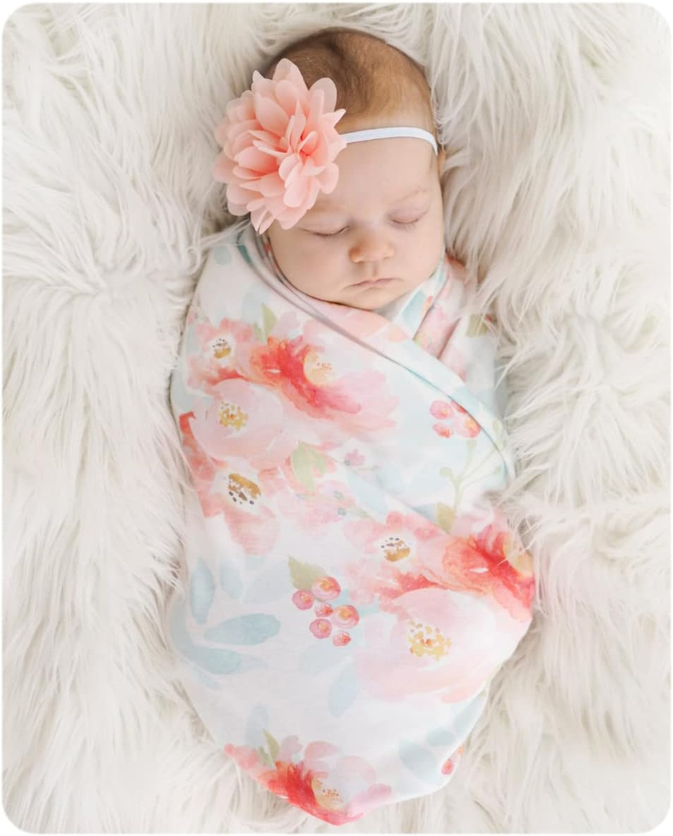 Baby Receiving Blanket Swaddle Blanket Newborn Wrap Swaddle Headband Set -Bloom Flower Pattern