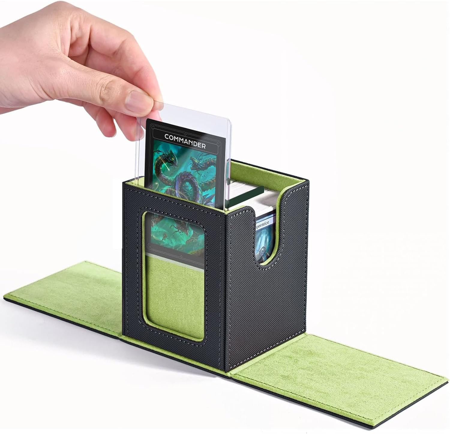 Card Box with MTG Commander Display, Patented Design Card Holder Can Hold More than 100 Double Sleeve Cards, PU Leather Card Storage Box for TCG with 2 Partitions, 1 Top Loader (Black&Blue)