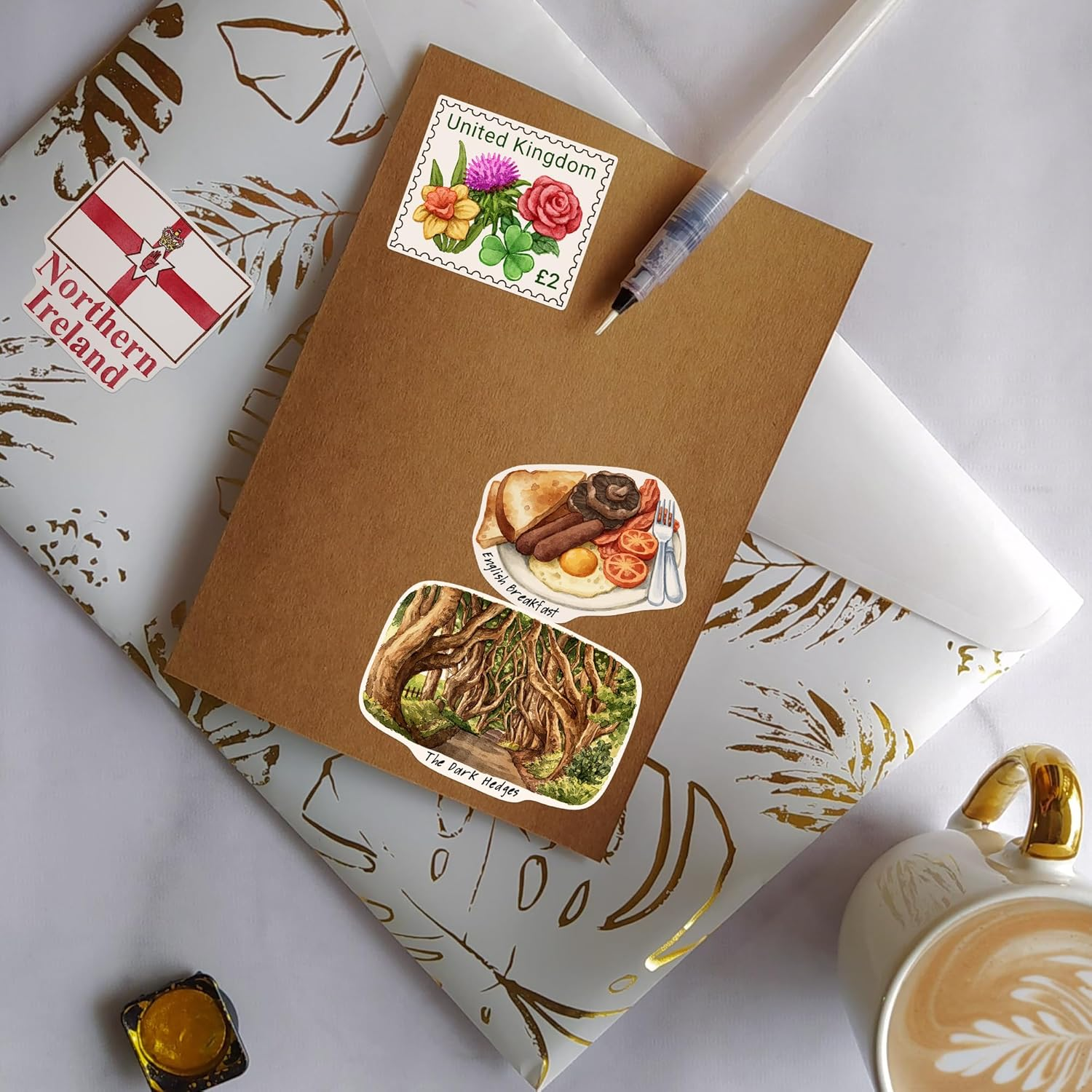 Navy Peony Countryside United Kingdom Travel Stickers (28Pcs)-Hand Illustrated, England Wales UK Heritage-Themed Decals for Journals, Scrapbooks, Luggage image number 2