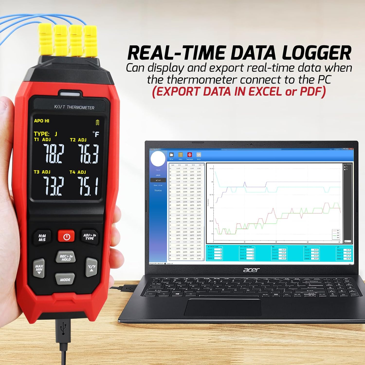 Thermocouple Thermometer Digital Data Logger Thermometer 4 Channel K/J/T Type Thermocouple Meter Temperature Meter, Temperature Logger with Sound & Light Alarm -200~1372&deg;C (-328~2501&deg;F) image number 4