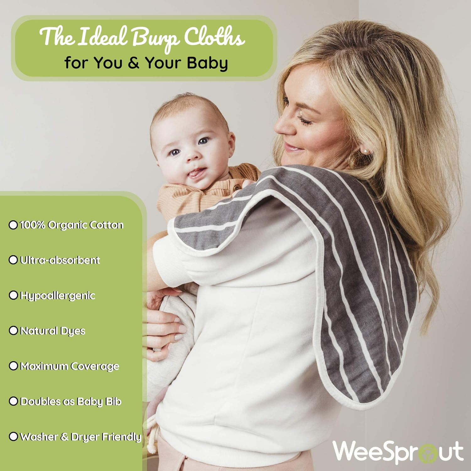 Weesprout Unisex Organic Towel Cotton Burp Cloths, Set of 4, Four Ultra-Absorbent Layers Keep Clothes Dry, Button Transforms into Baby Bib, Machine Washable & Dryer Safe (Neutral Set, Full) image number 2