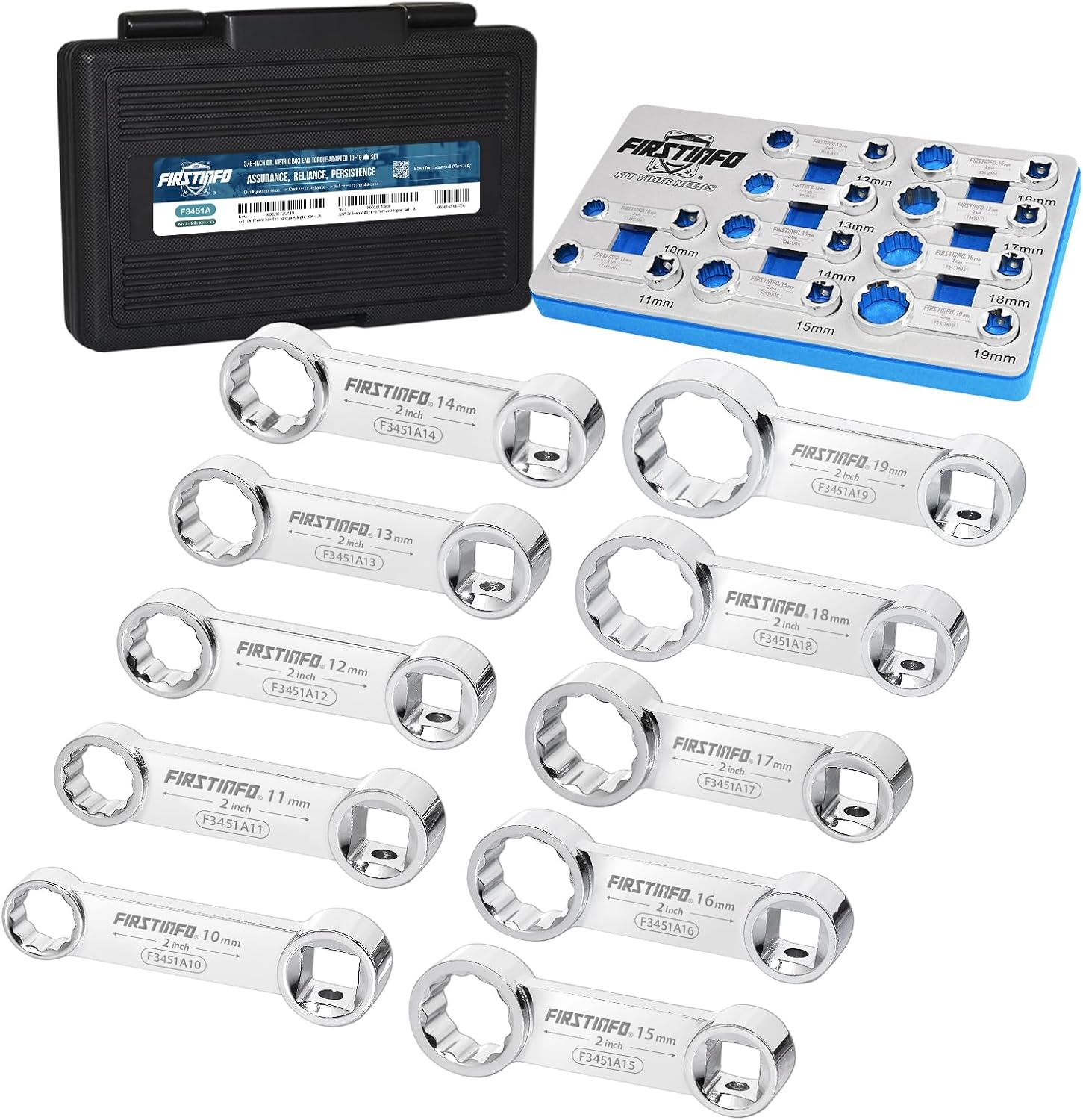 FIRSTINFO 3/8-Inch Drive Metric Box End Torque Adapter Set, 12 Point, 10-Piece with Blow Case, Chrome Vanadium Steel image number 2