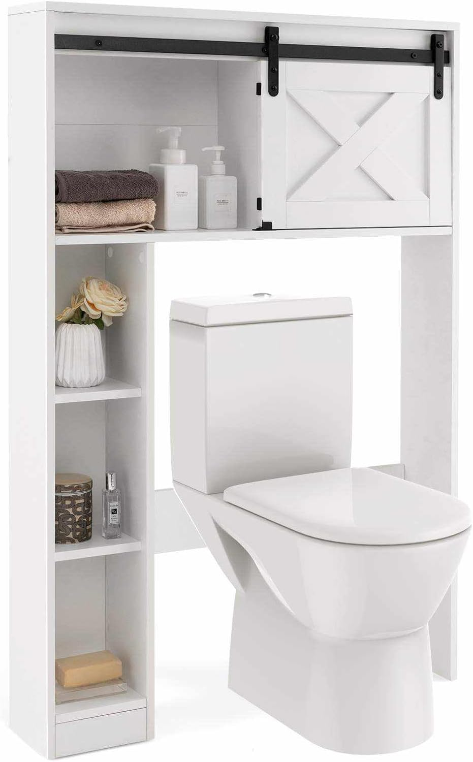 Giantex over the Toilet Storage Cabinet, Freestanding Bathroom Organizer with Sliding Barn Door & Storage Shelves, Multifunctional Bathroom Toilet Rack for Bathroom Restroom Laundry (White)