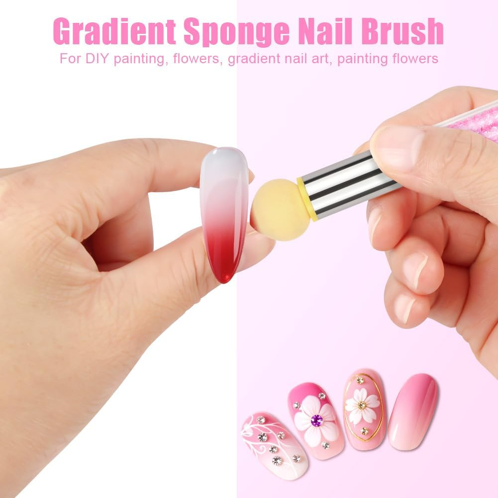 BUTBU Nail Sponges for Ombre, Double Head Sponge Nail Art Brush, Ombre Nail Sponge with 4 Replacement Heads, Suitable for for DIY Nails-Art and Gradient Nail Design (Pink)