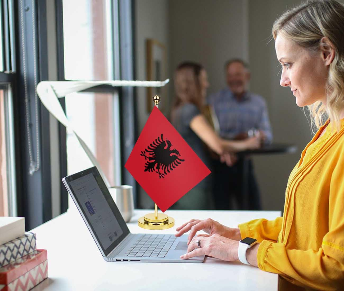Albania Desk Flag,12 Inch Tall Small Albanians Indoor Banner,Tiny Printing Decor for Office Home Table Meeting with Golden Metal Pole Base image number 2