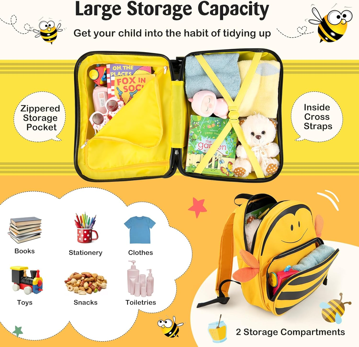 Costway 2 PCS Kids Ride-On Luggage Set, Portable Carry-On Suitcase & Backpack Set W/Anti-Lose Rope, Retractable Rod, Adjustable Strap, Rolling Hardshell Trolley Luggage for over 3 Years Old image number 3