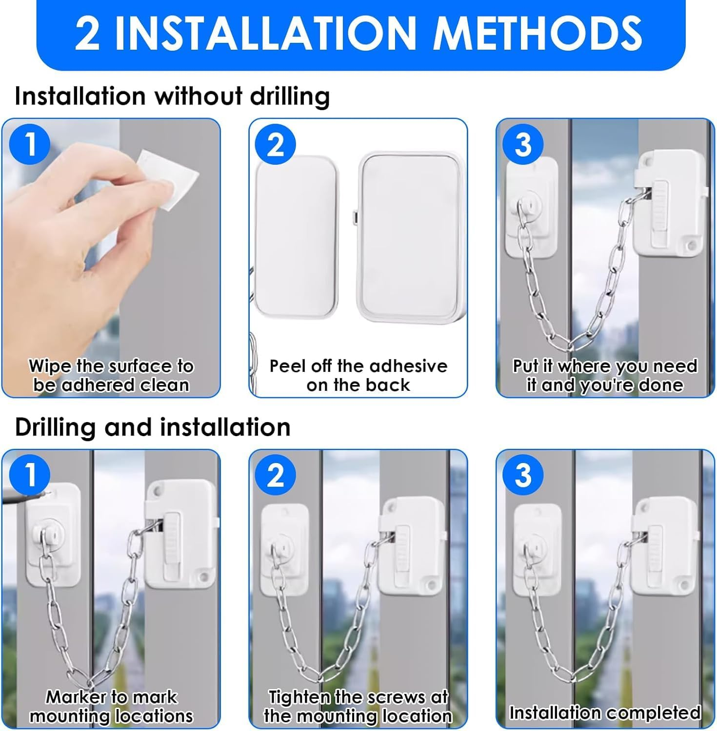 Window Locks Pets Child Safety, 2 Pack Adjustable Window Restrictors with Stainless Chain, Heavy Duty Combination Fridge Door Lock, Child/Baby Safety Proofing Lock for Cabinets, Closets, Drawers, Window and More, Easy Install and Use image number 5