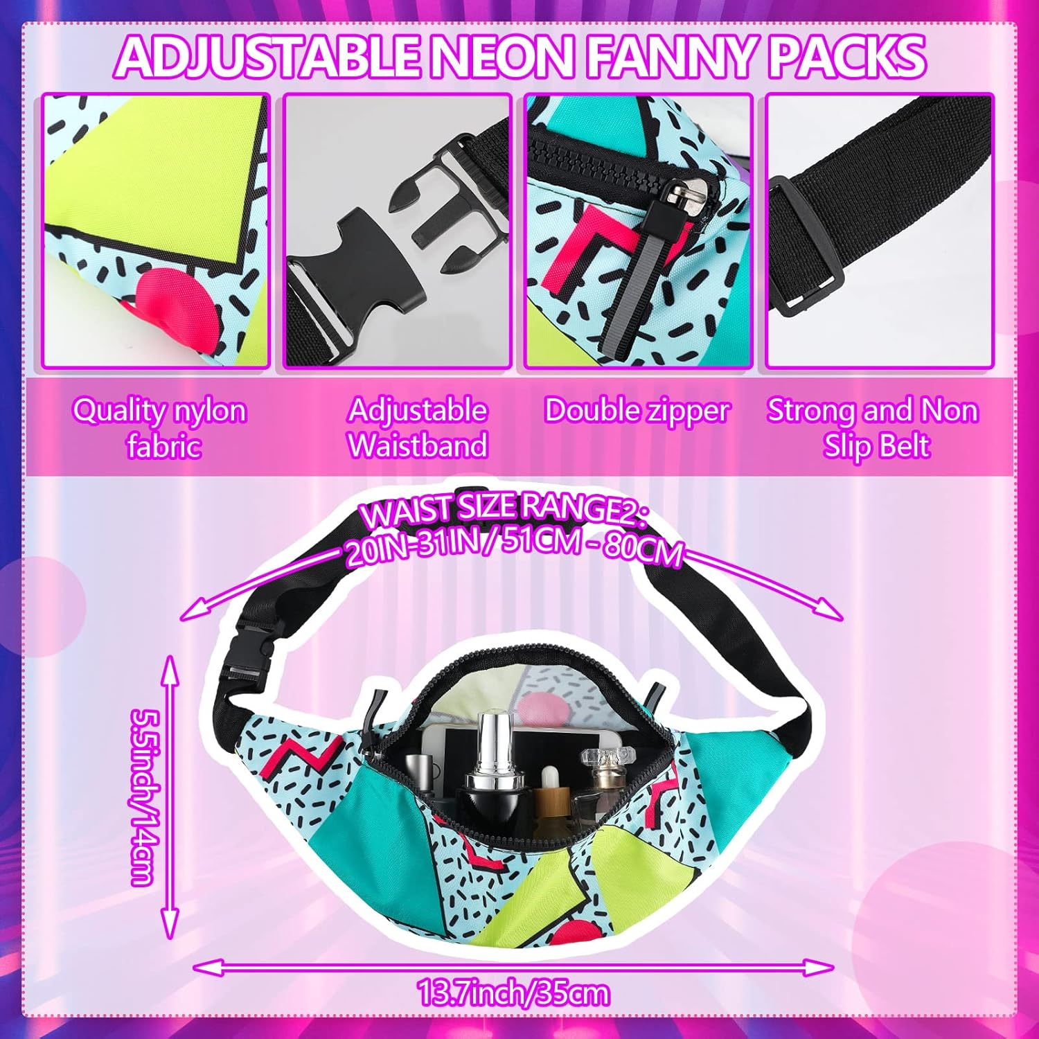 Mepase 2 Pcs 80S Outfit for Men Women 90S Fanny Pack Sun Visor Hat Waist Bag 90S Accessories for Men Women Summer Party, Multicoloured, One Size, Fresh image number 5