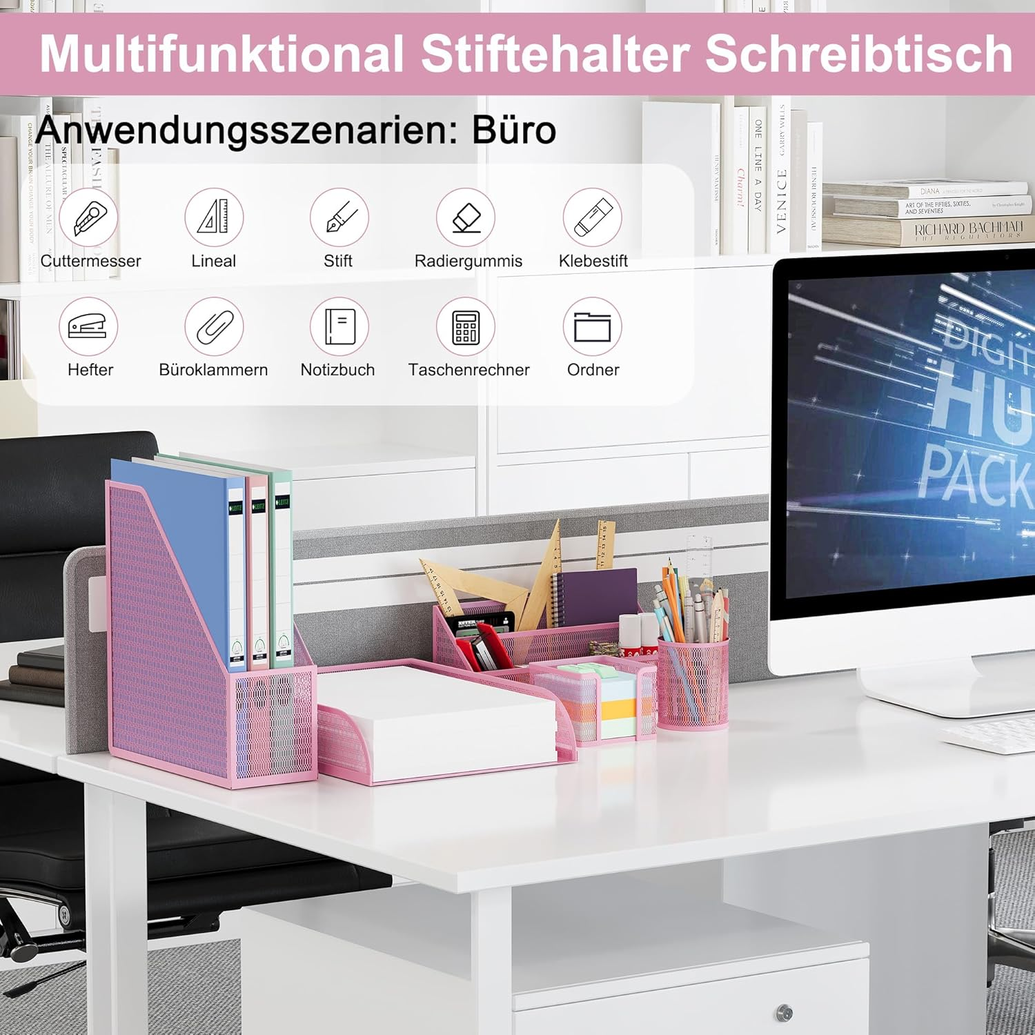 Solinxe Desk Organiser Set Made of Metal - Document Tray A4 Paper Letter Tray Pen Holder Letter Holder and Sticky Note Holder, Pink image number 5