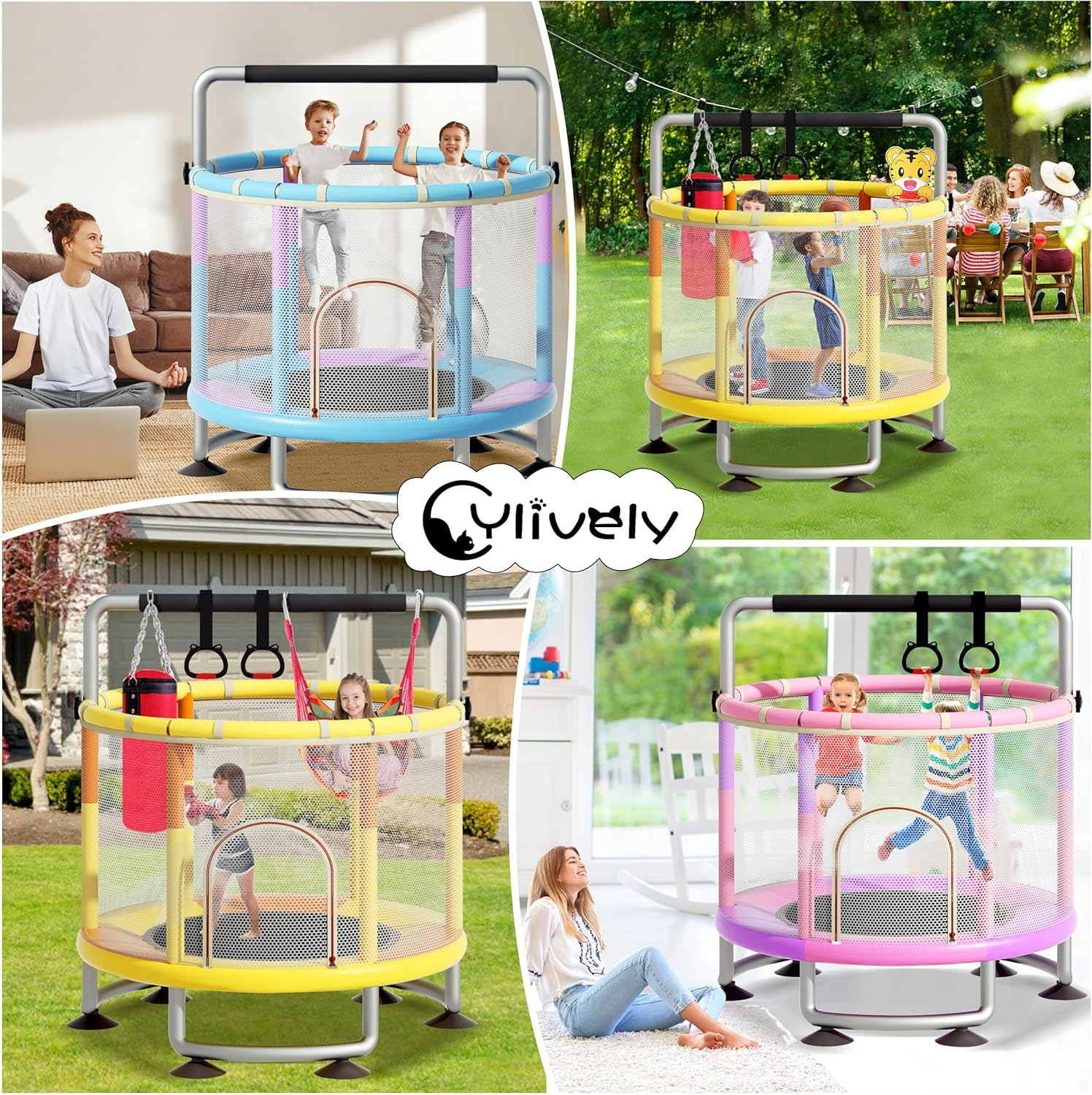 60" Trampoline for Kids with Enclosure, 200Kg Capacity Indoor & Outdoor Toddler Trampoline with Adjustable Gymnastics Bar, Upgraded Ring Legs & Toys, for Boys & Girls - Blue image number 6