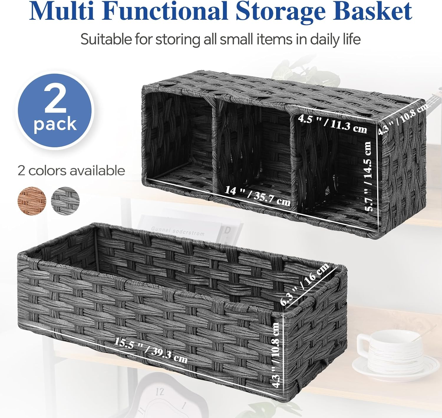 Wicker Basket for Toilet Paper Storage, 2-Piece Bathroom Organizer Set for Shelves, Pantry & Home Decor, Space-Saving Rectangular,15.5&times;6.3&times;4.3 Inch (Gray)
