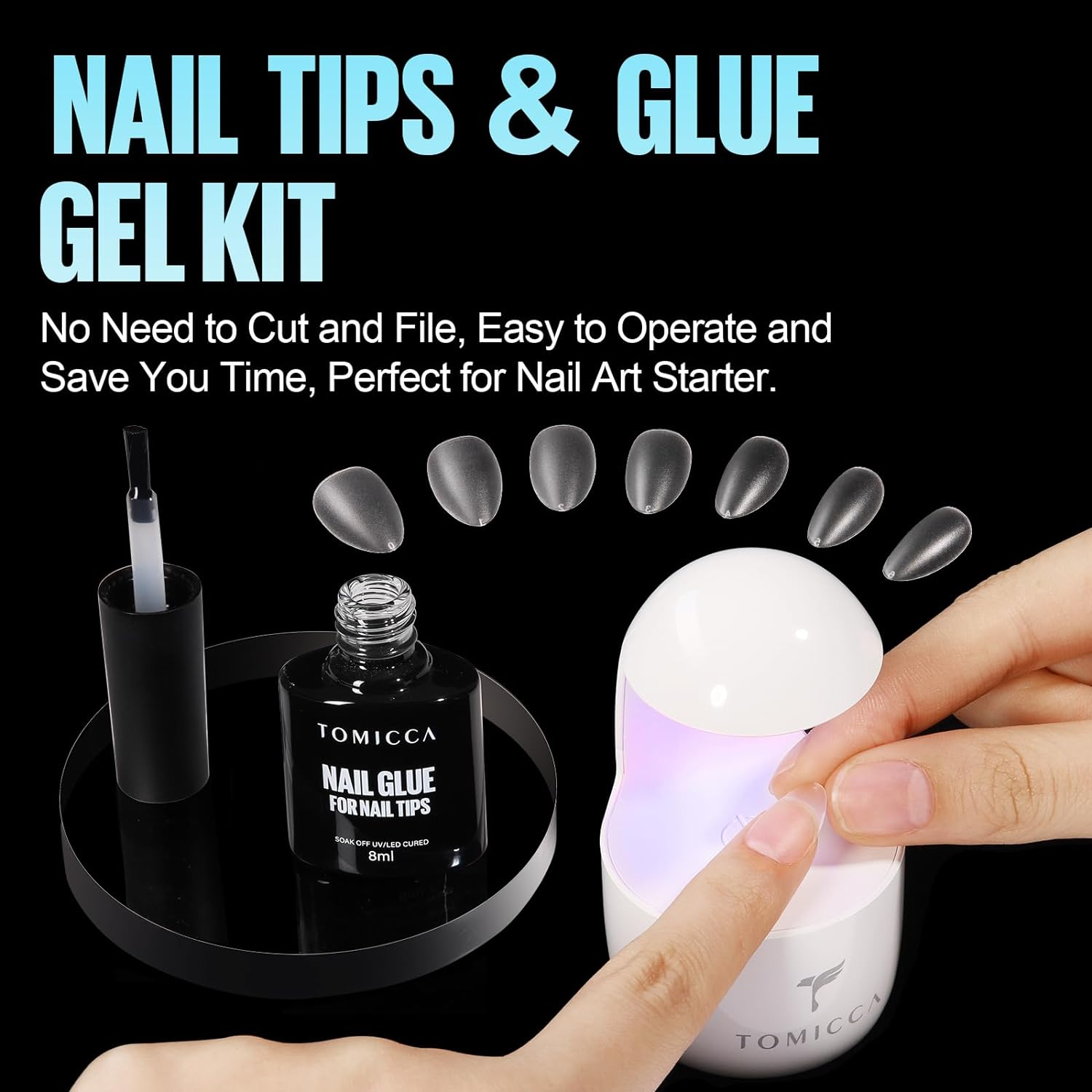 TOMICCA Short Almond Matte Nail Tips & Nail Glue Kit, 150 Pcs Full Coverage Soft Gel Nail Tips, No File, 8Ml Nail Gel Glue Soak off UV Lamp, Nail Tip Glue Set for Quick Nail Extension, Nail Salon - Short Almond image number 2