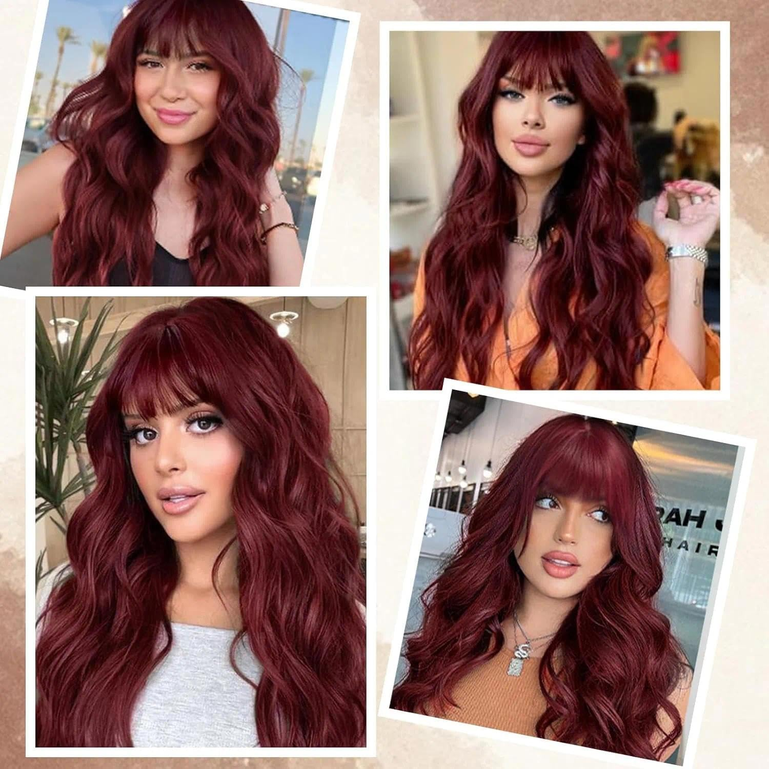 26 Inch Long Burgundy Wig with Bangs for Women, 26 Inch Heat Resistant Synthetic Fiber, Natural Looking Red Wavy Hair - Weidllys image number 4