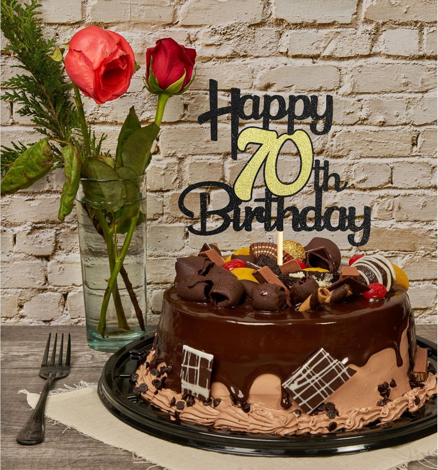 Sotpot 1 Pack Black&Gold Glitter 70Th Cake Topper, 70Th Birthday Cake Decorations for Birthday Party Anniversary Party Supplies image number 5