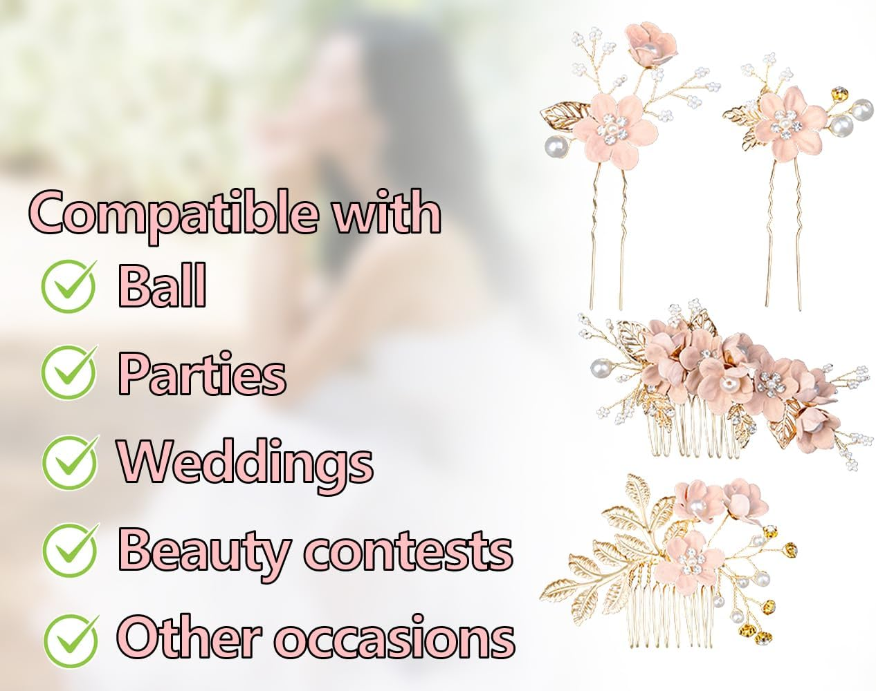 KAPSING Set of 4 Bridal Hair Accessories Wedding Rhinestone Hair Combs Floral Bridal Headpiece Pearl Flower Bridal Hair Accessories Handmade Bridal Hair Comb Hair Clip image number 4