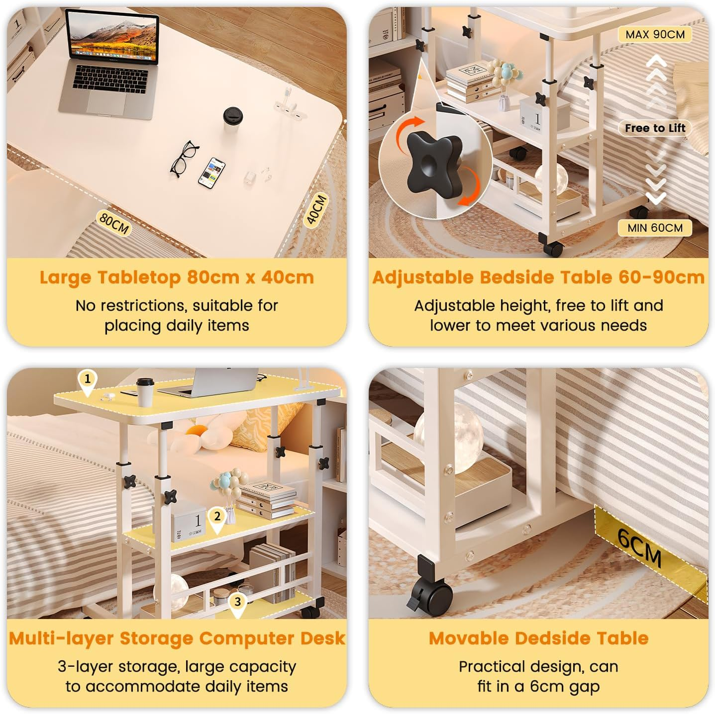 Height Adjustable Laptop Desk with Storage Shelf, Durable Computer Table with Rolling Wheel, Portable Side Table for Home Office Work Study Reading (Light Brown) image number 6