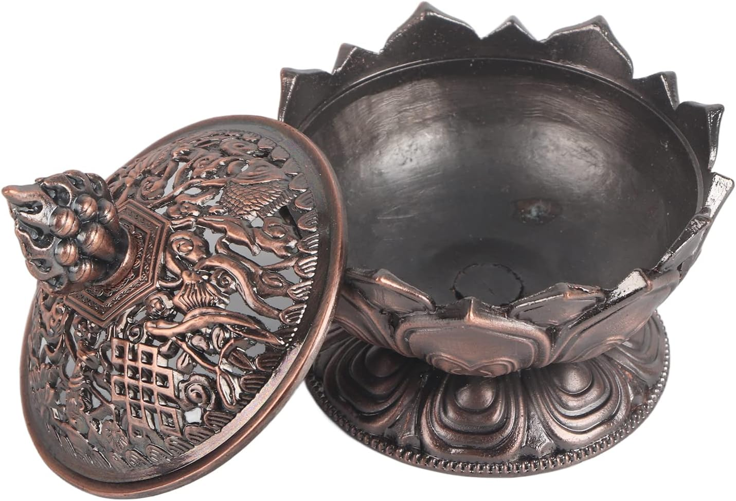 Vintage Backflow Incense Burner Bowl, Lotus Incense Holder Charcoal Censer Ash Catcher for Powder Cone or Coil Incense(Red Bronze)