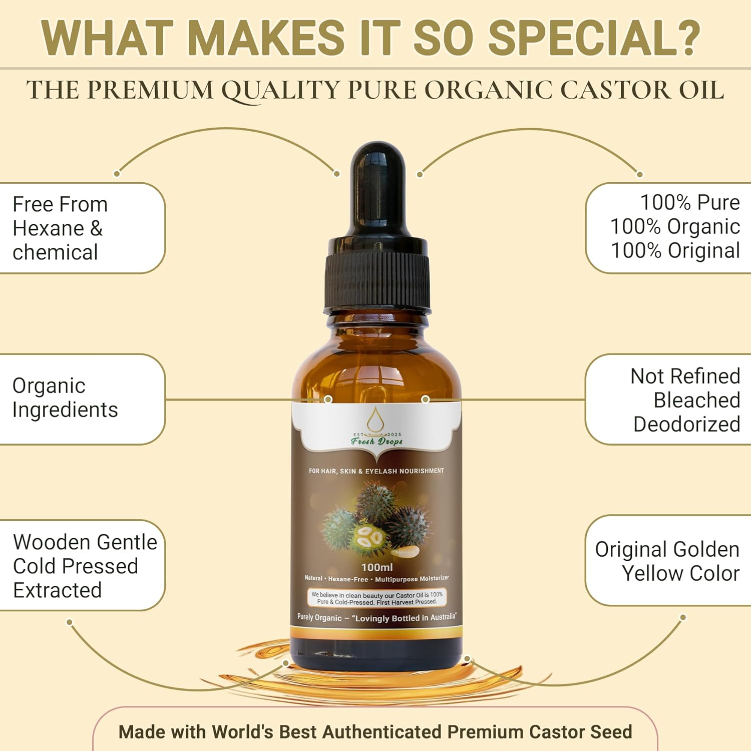 Fresh Dropsorganic Castor Oil100Ml, Pure Cold Pressed, Hexane Free, Fresh Drops- Stimulate Growth for Eyelashes, Eyebrows, and Hair, Smooth Face, and Skin