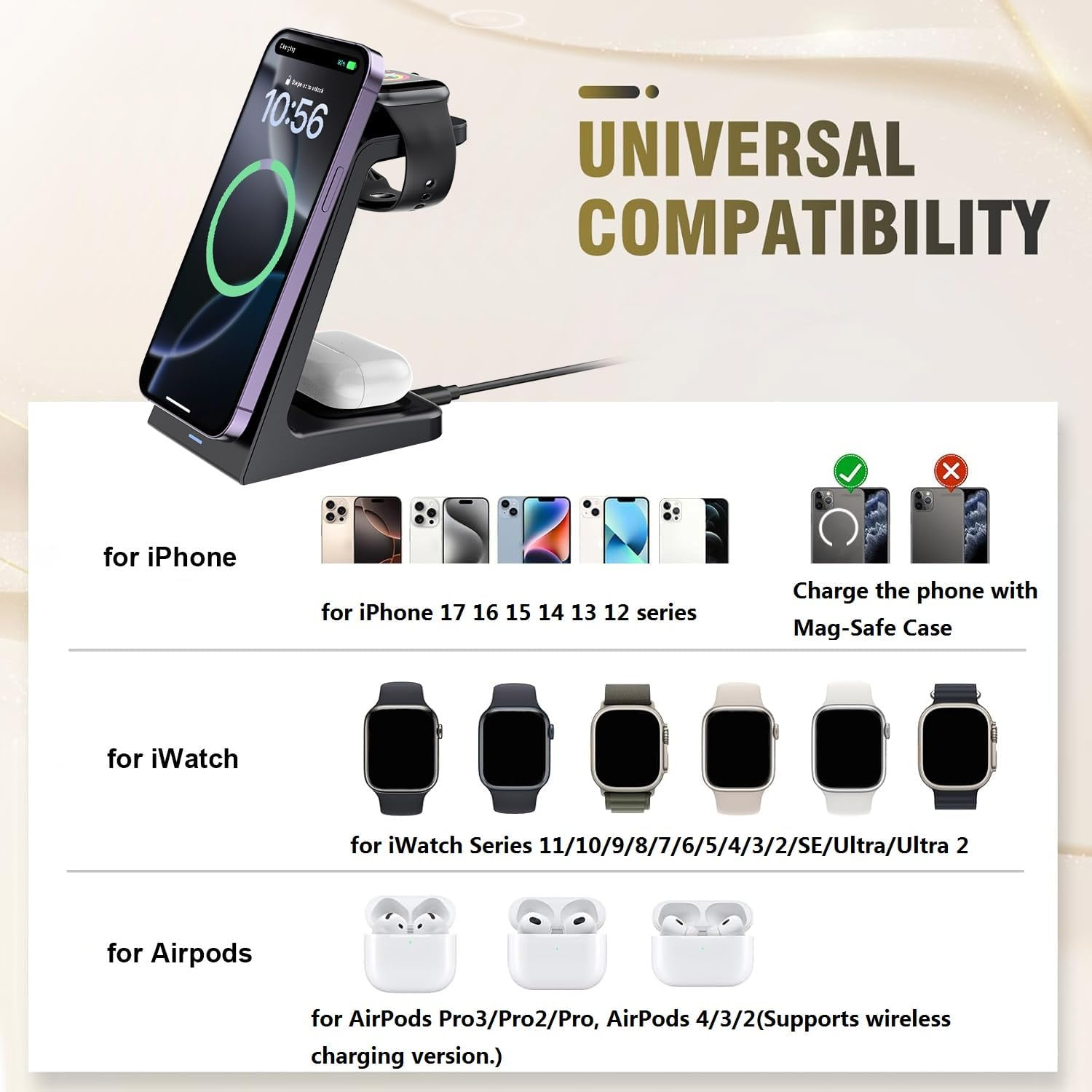 VNBBT 3 in 1 Wireless Charging Station for Mag-Safe, 15W Fast Magnetic Wireless Charger Stand for Iphone 17 Pro Max/17 Air/17/16 Plus/15/14/13/12 Mini,Air Pods,Apple Watch Series, Black image number 1