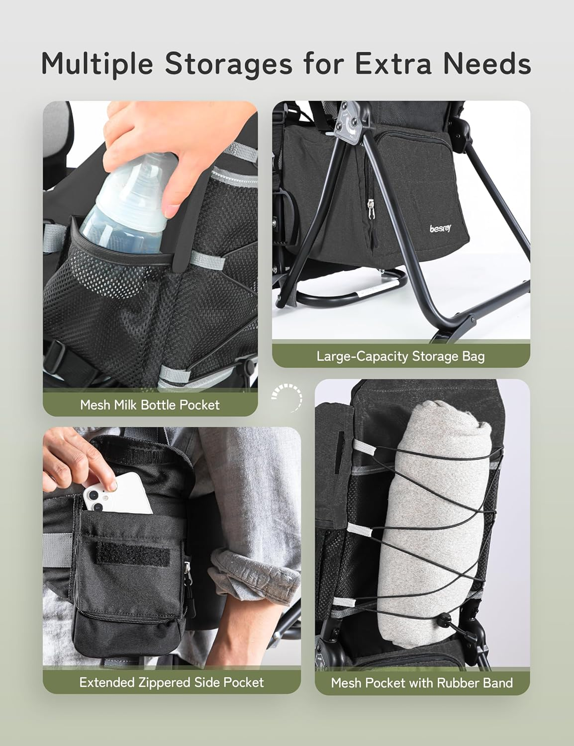 Besrey Baby Backpack Carrier, Toddler Hiking Backpack with Safety 3-Height Seat, Adjustable Straps&Waist Belt, Foldable Frame Lightweight Large Capacity Child Carrier for Hiking Black - Green image number 4