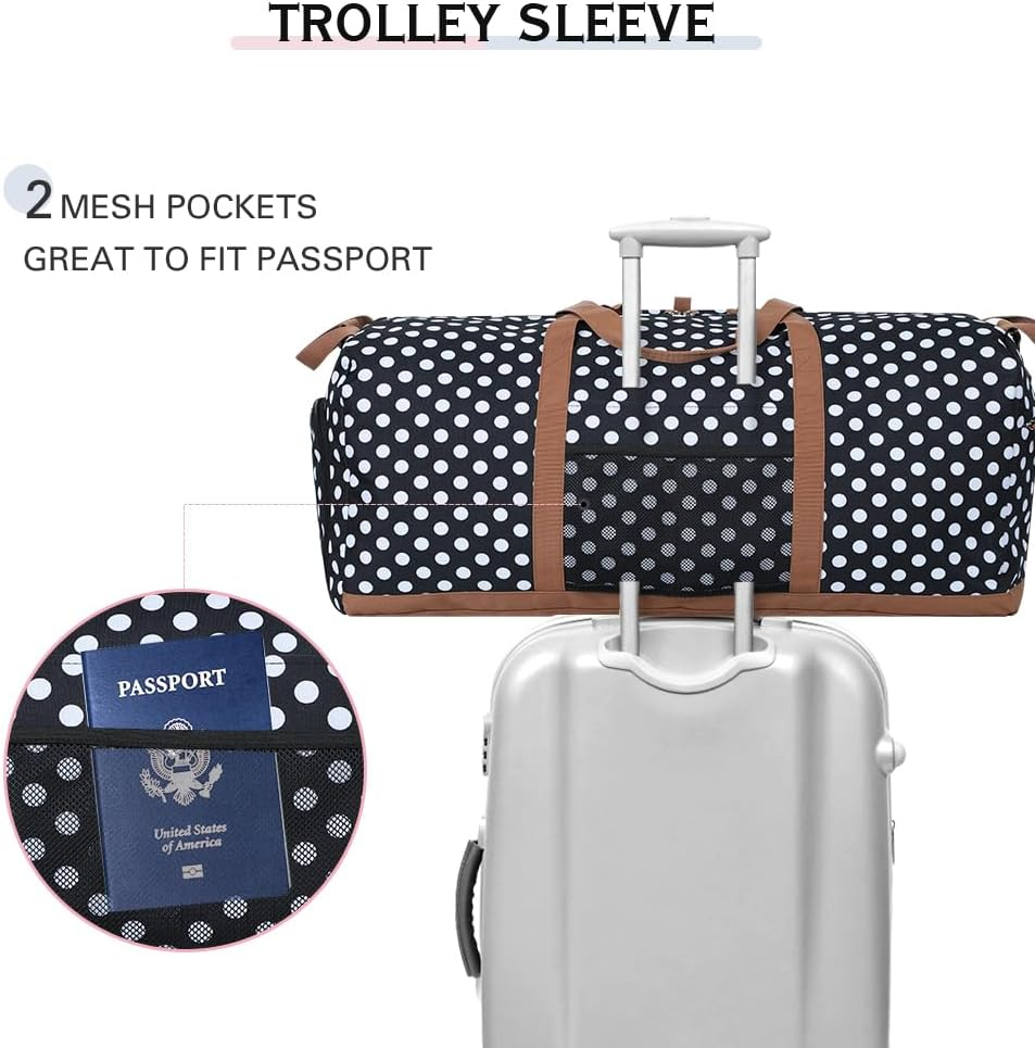 Lekesky Large Foldable Travel Duffe Bag - Waterproof Holdall Luggage Bag with Shoes Compartment, Weekend Overnight Sports Bag for Women and Men, White Dots, 80L, Travel Bag image number 3