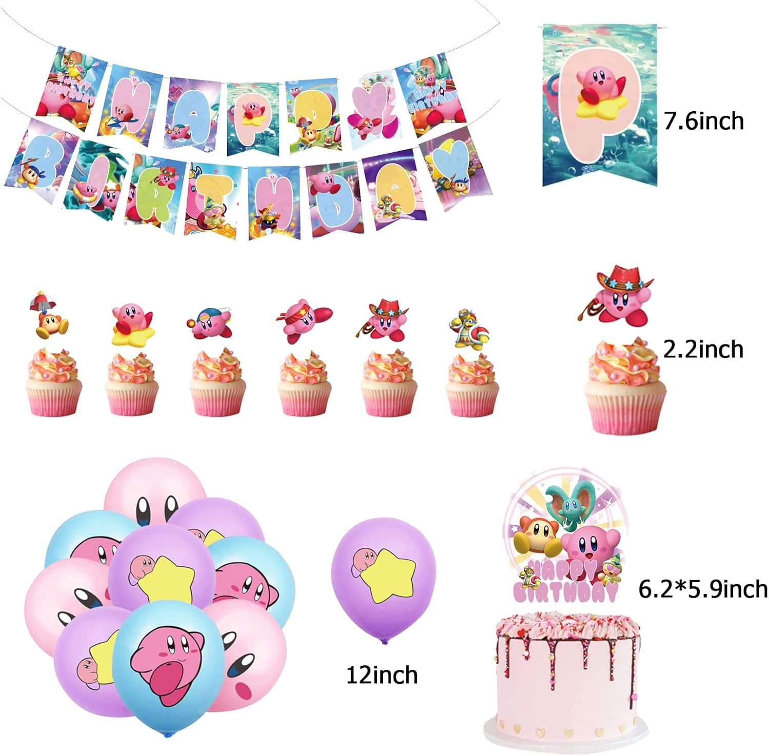 Kirby Children'S Birthday Decoration Pack: Kirby Balloons, Cake Toppers, Garland in Pink image number 1