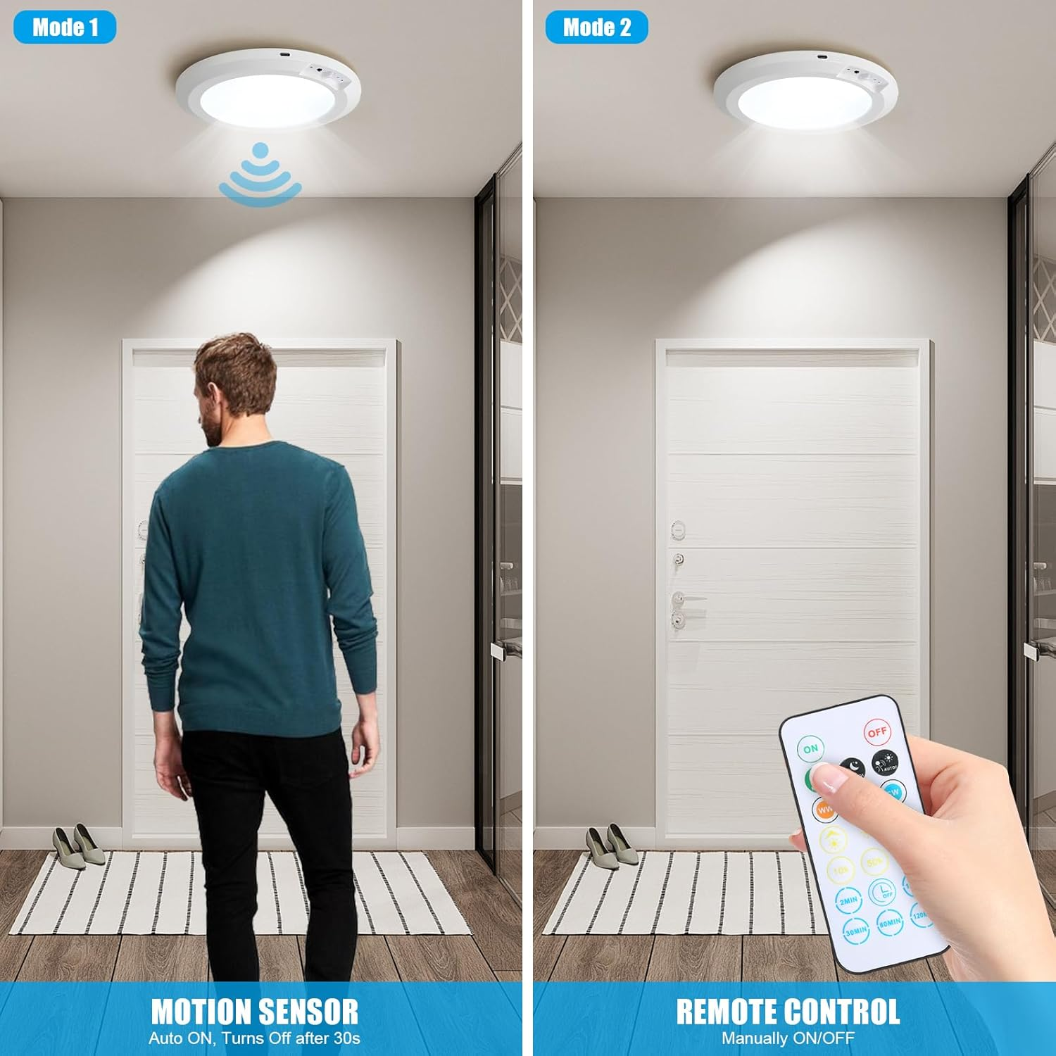 Motion Sensor Ceiling Light Fixture,Cordless Closet Light Battery Operated,Rechargeable Magnetic Mount Plafonnier LED Light for Closet Stair Hallway Shower Shed 3 Color Temperatures,Remote Control image number 6