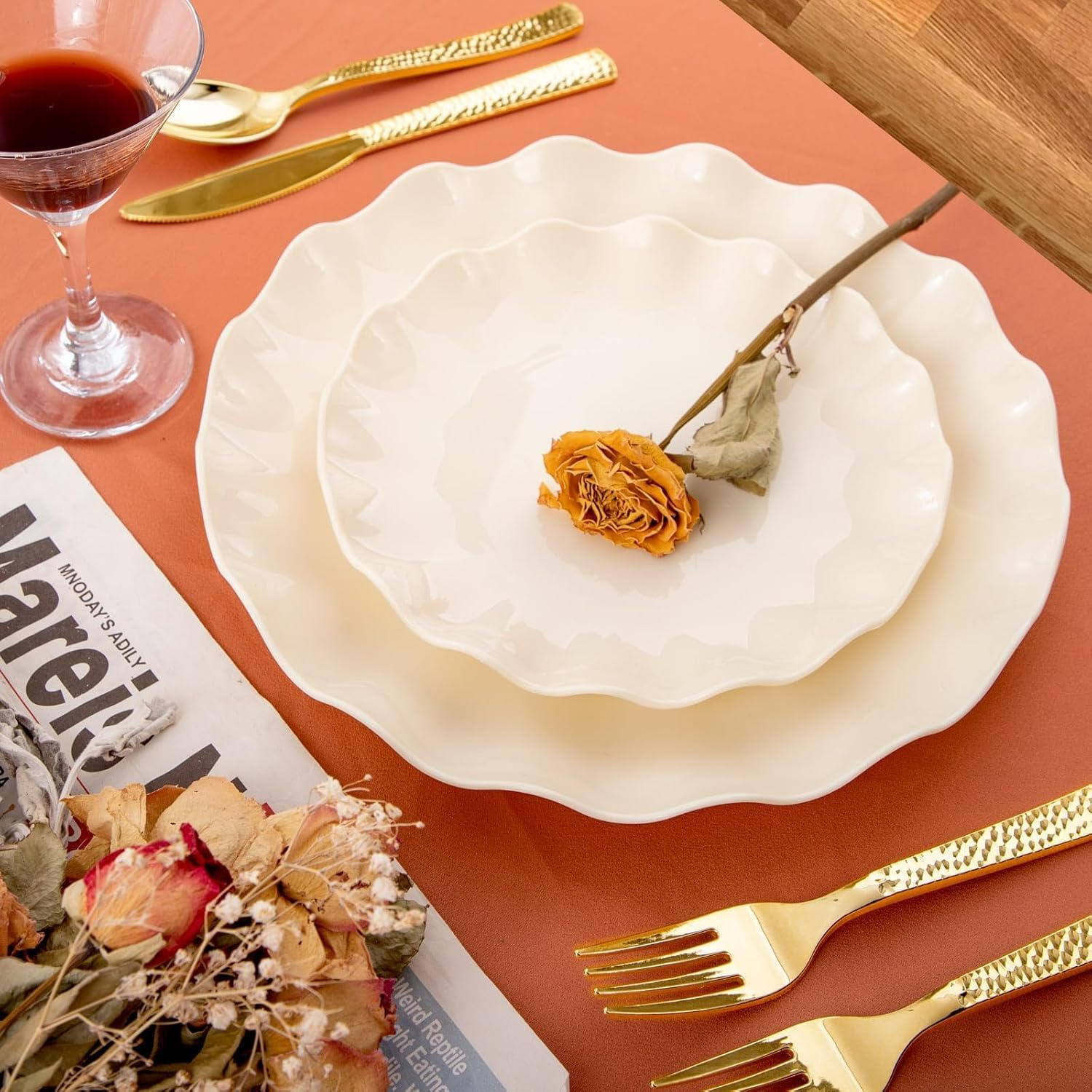 Dinner Plates of 24Pcs Reusable Dinner Set with Beige Flower Shape,Plates 0F Microwave & Dishwasher Safe,Tableware for Party Birthday Wedding Home Valentine'S Day - Beige image number 4