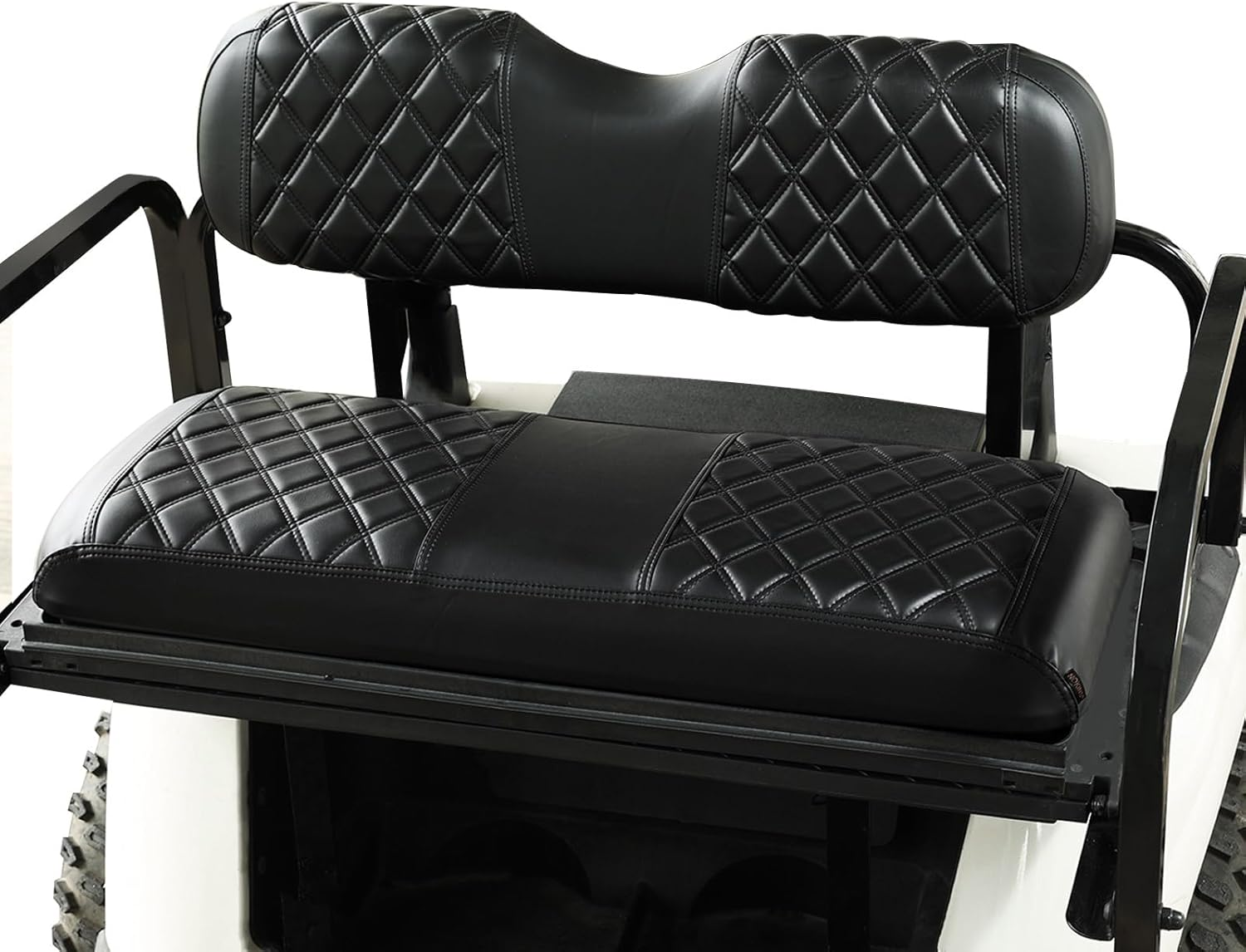 NOKINS Golf Cart Diamond Vinyl Seat Covers, Fit Club Car Precedent DS EZGO RXV TXT Yamaha Drive Aftermarket Regular Rear Seat Cushion, No Stapler, Multiple Colors and Breathable (Black&Brown Stitch)