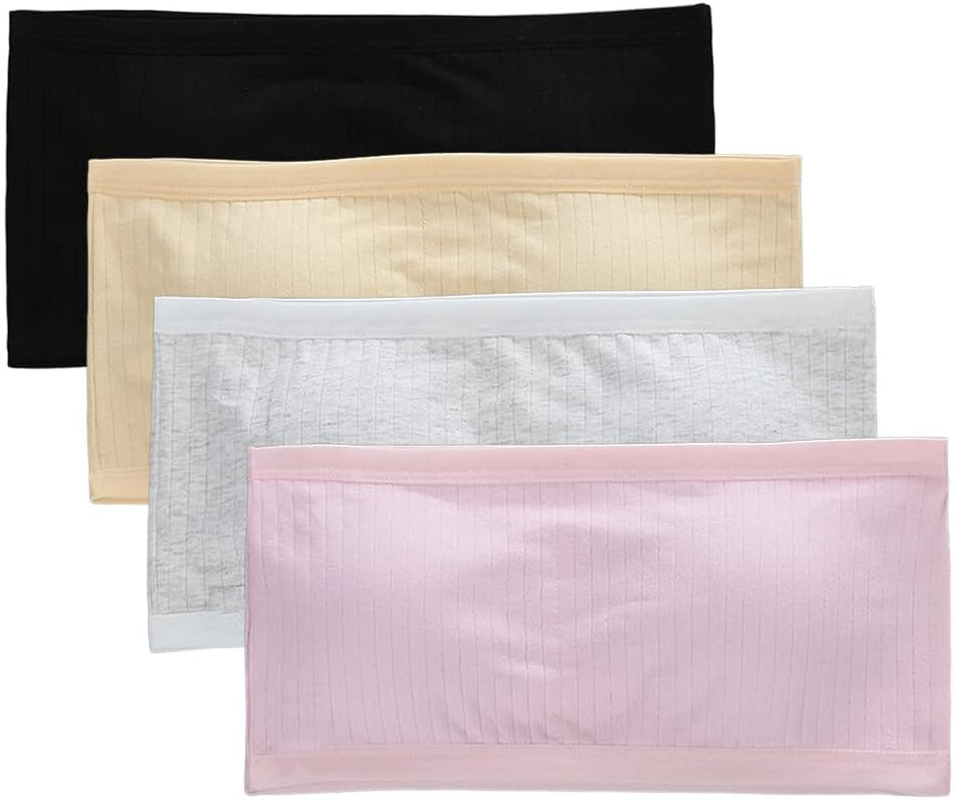 4 Pack Padded Bandeau for Girls - Breathable Cotton Bra Strapless Bralette Wireless Seamless Crop Tops with Removable Pads