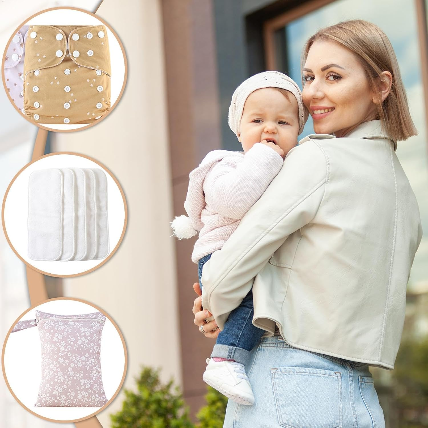 Cloth Diapers for Babies, Adjustable Reusable Baby Cloth Diapers, 4X Waterproof Cover, Absorbent & Breathable Liners with 4 Inserts & 1 Wet Bag, Prevents Staining