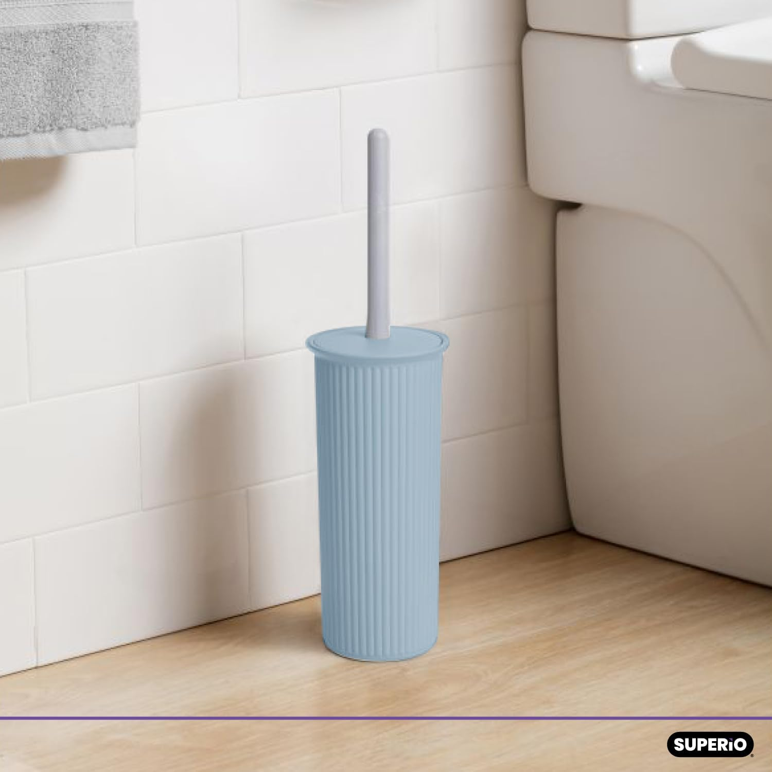Decorative Plastic Toilet Bowl Brush and Holder Set, Blue (1 Pack) Cleaner Scrubber for Bathroom - Ribbed Design image number 2