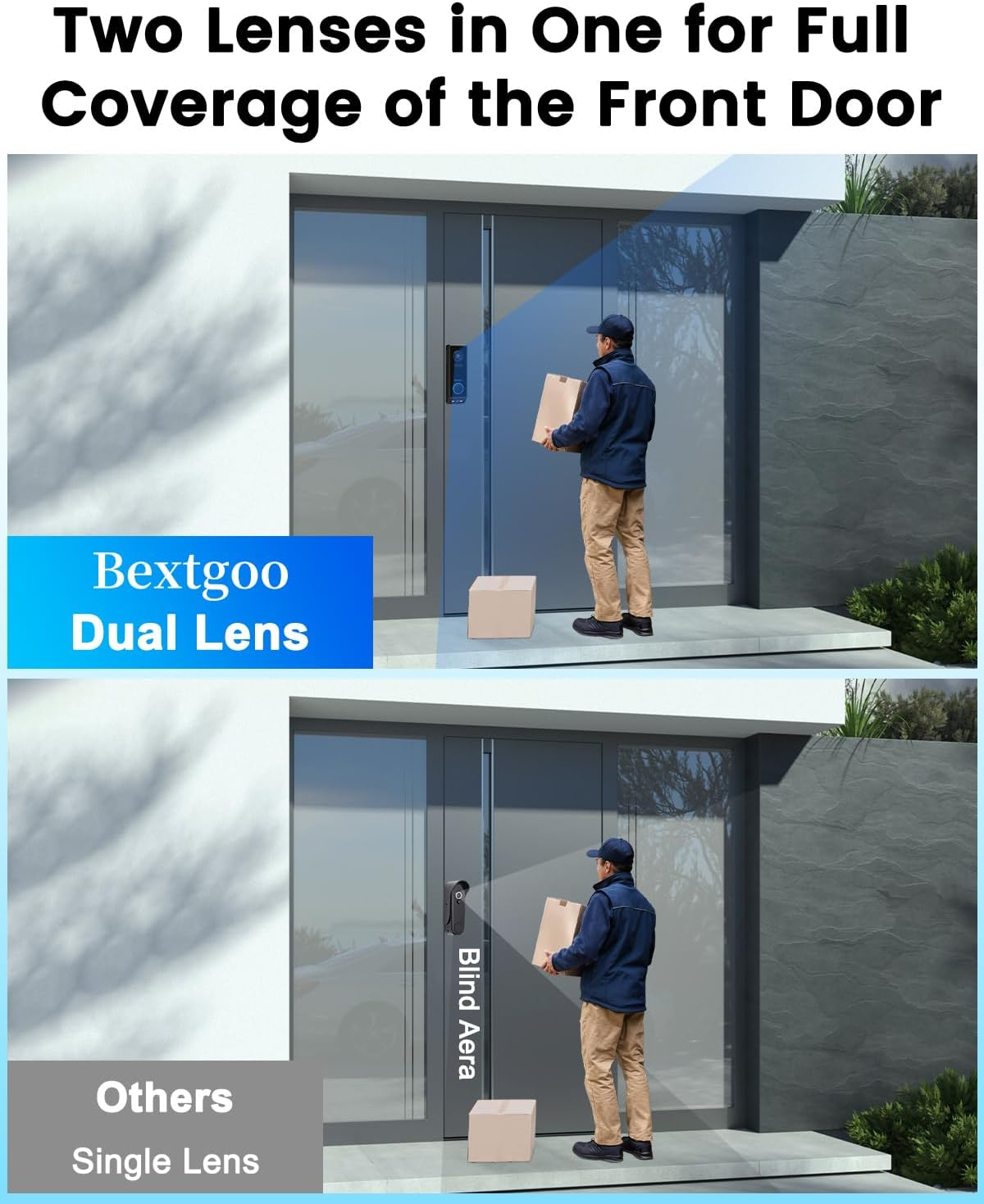 Dual-Lens Doorbell Camera Wireless, Bextgoo 2K Video Doorbell with 10000Mah Battery, Dual Security Cameras for AI Motion Detection Alerts, 170&deg; Wide View, Cable or Battery Operated, Night Vision, IP67 image number 5