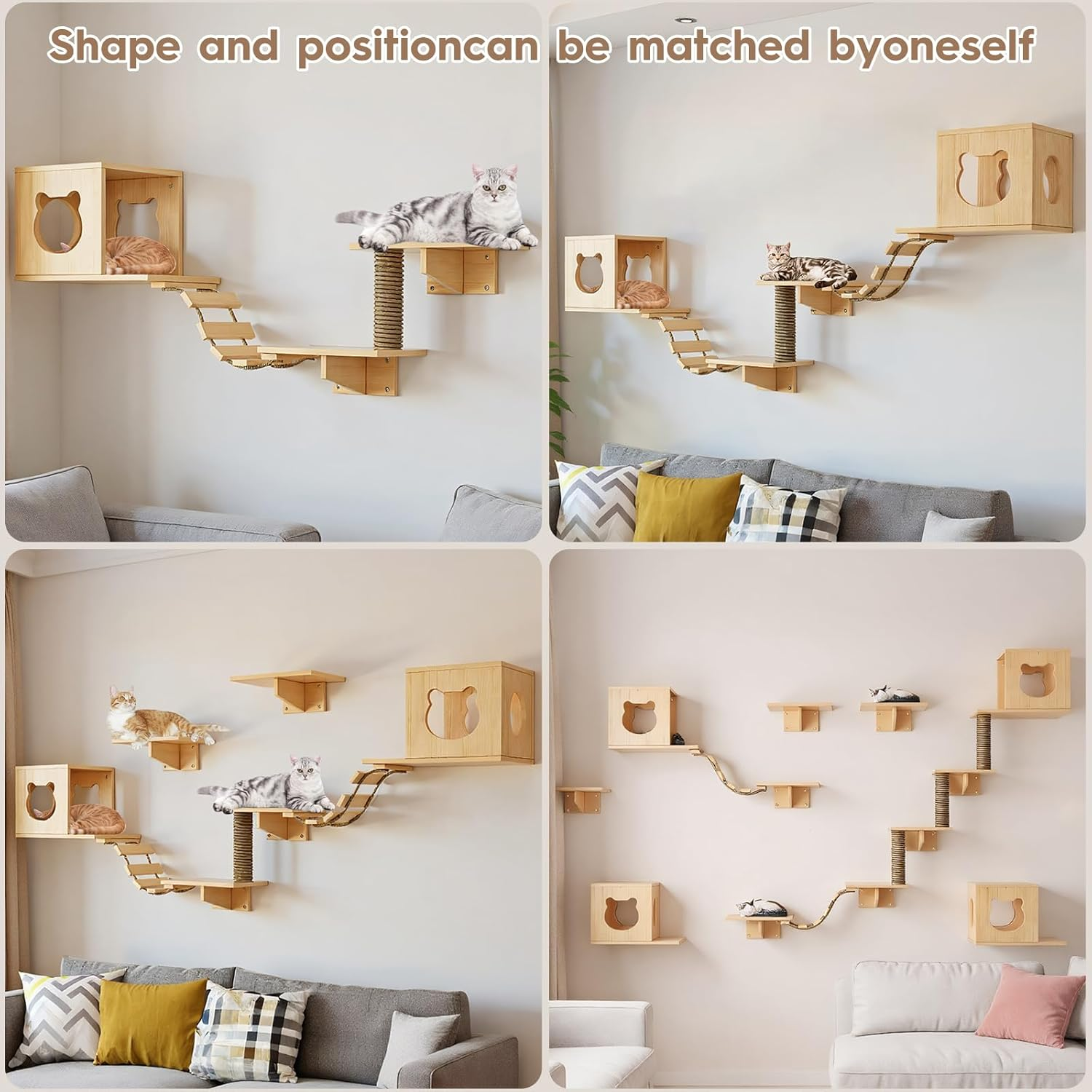 HOOMFIT Cat Wall Shelve, Wooden Climbing Furniture for Cats, Wall Mount with 2 Shelves, 2 Houses, 2 Ladders & 1 Scratching Posts - Wall Mounted (7Pcs) image number 2