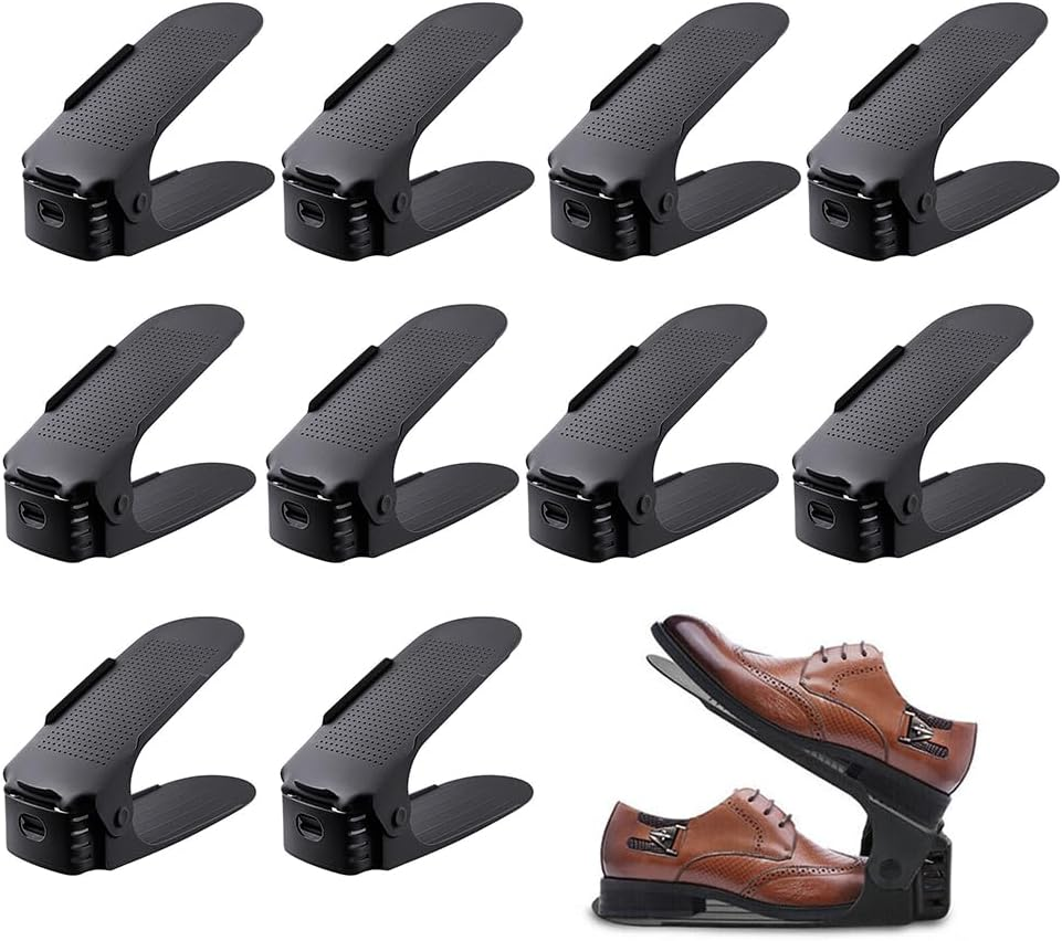 Shoe Slots Organizer Adjustable Shoe Stacker Storage Space Saver 4 Level Double Plastic Shoe Rack Living Room Shoe Storage Cabinet Rack Holder (Black) image number 6