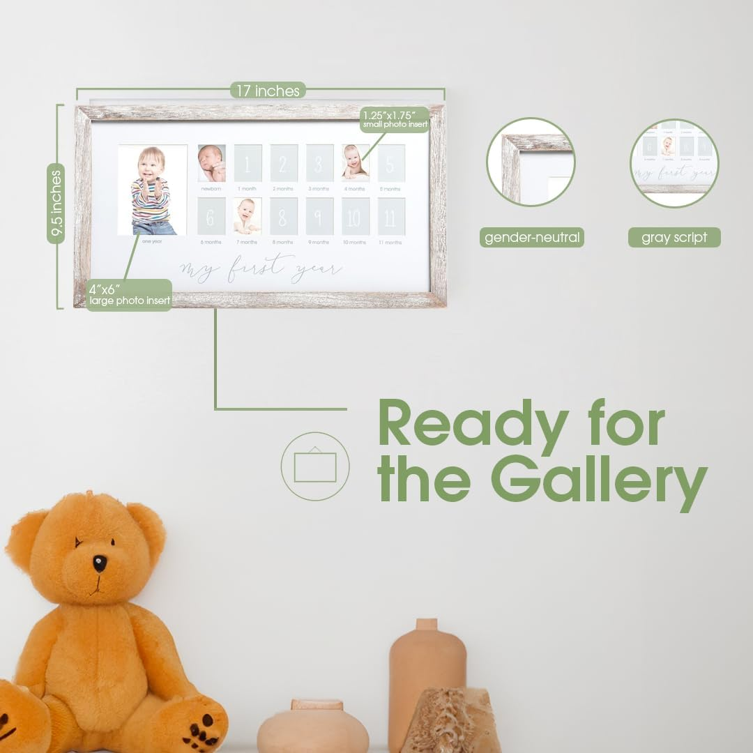 Pearhead My First Year Photo Moments Baby Keepsake Picture Frame, 0-12 Months Baby Photos, Father&rsquo;S Day Accessory, Gender-Neutral Baby Milestone Nursery D&eacute;cor, 13 Photo Inserts, Distressed Wood