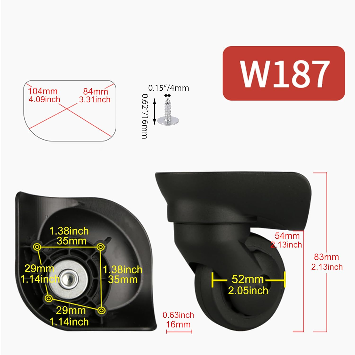 Mxfans Black DIY 3.27X4.09X2.05Inch Large W197 Left & Right Luggage Wheels Replacement Pack of 2
