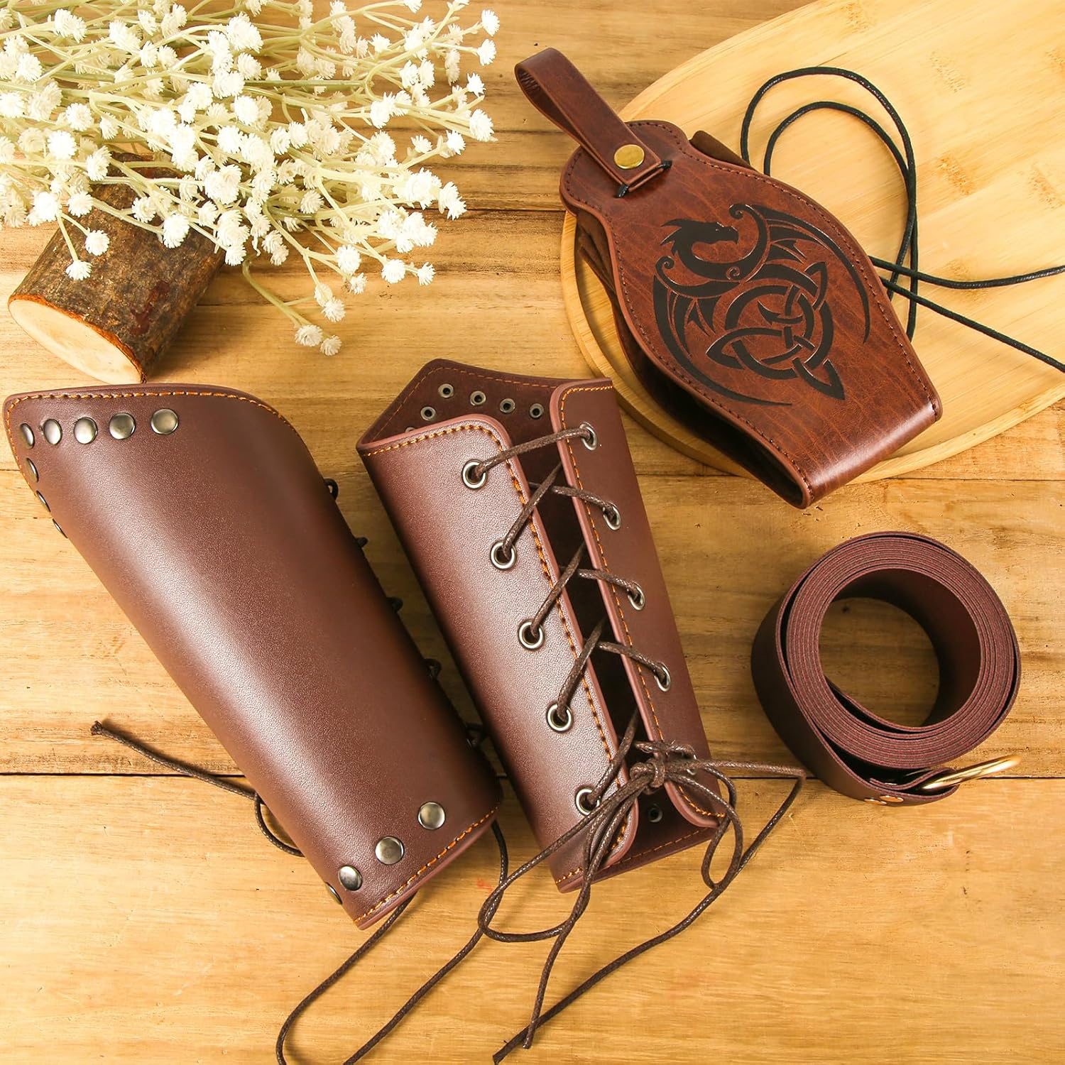 Renaissance Accessories, Leather Viking Belt Medieval Leather Bracers Viking Belt Pouch with Straps Hikes Mug Holder for Men Women, Brown, Medium