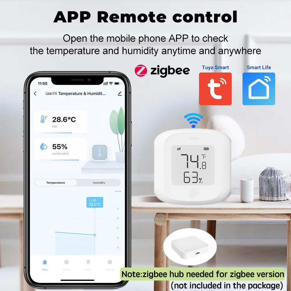 Uantii Smart Temperature Humidity Sensor Tuya Zigbee Indoor Thermometer Hygrometer Compatible with Alexa Works with Google Home, Hub Needed (Zigbee 1Pcs) image number 6