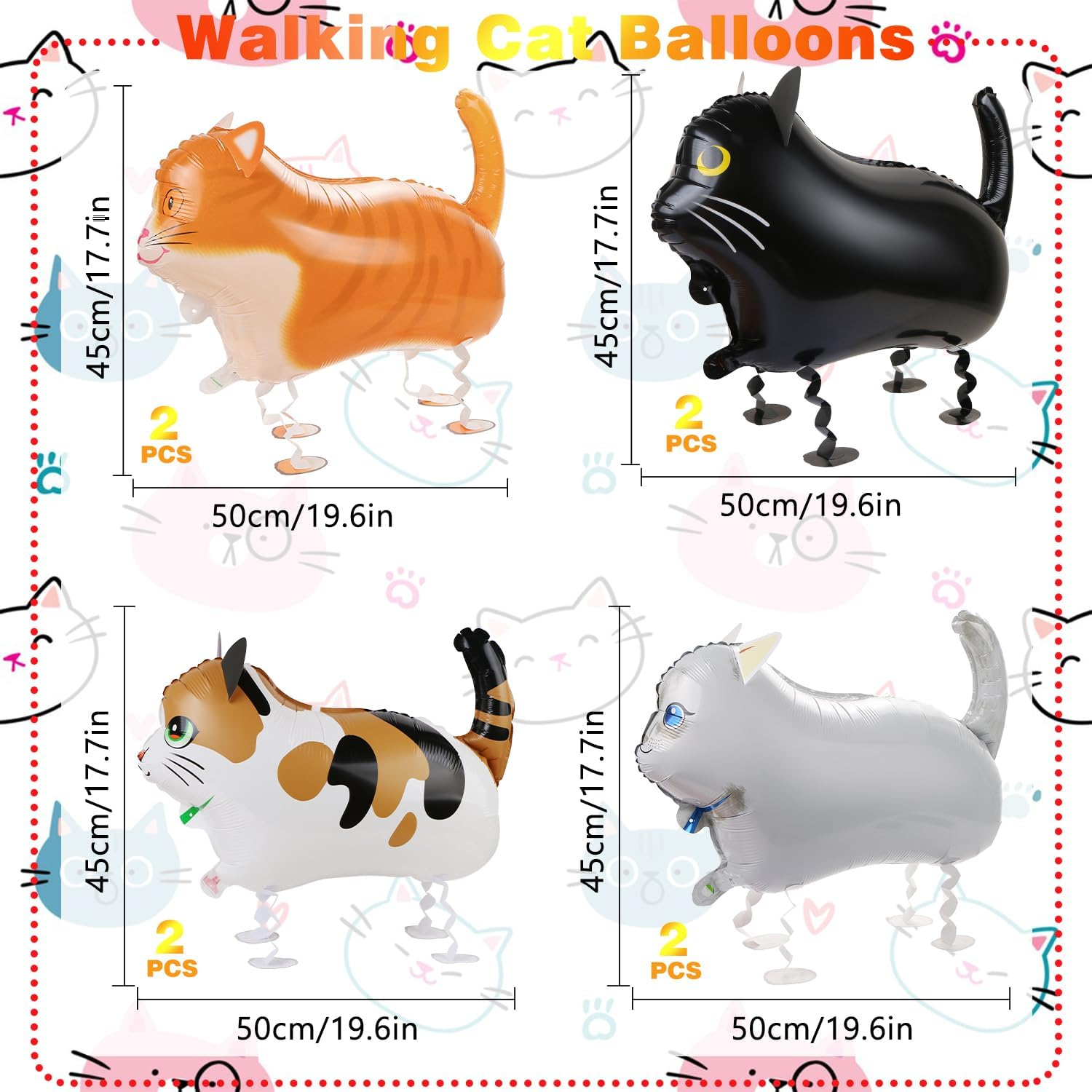 CCOZN 8 Pcs Walking Cat Balloons, Cat Mylar Balloon with 3 Ribbons Walking Animal Balloons Foil Long Balloons for Cat Theme Birthday Party Decorations Walking Cat Balloons Birthday Party Supplies image number 2