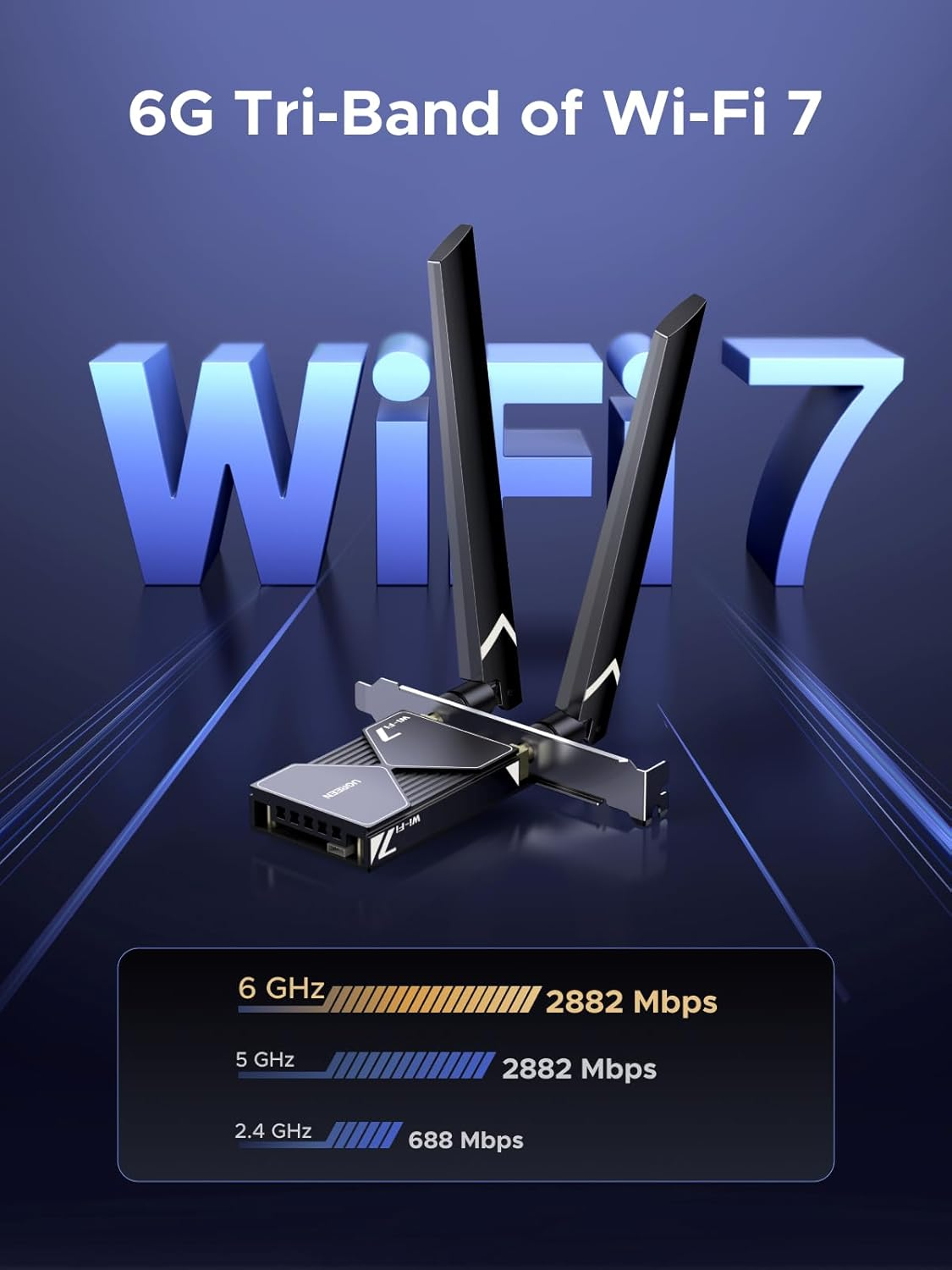 UGREEN Wifi 7 BE6500 Pcie Wifi Card, Bluetooth 5.4, IEEE 802.11Ax/Be, 6G/5G/2.4G Tri Band, MLO Technology, Flexible Dual 6Dbi High Gain Antenna, WPA3 Personal/Enterprise, Supports Windows 11 Only image number 2