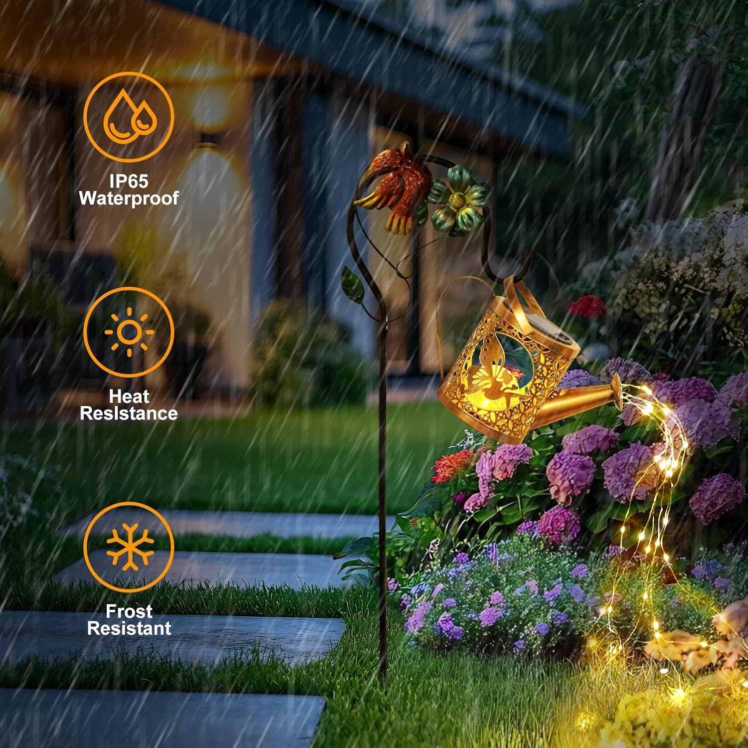 Solar Lights Outdoor Garden Decor Solar Watering Can with Crackle Glass Lights Waterproof Metal Hanging Fairy Lantern for Patio Lawn Yard outside Decorations- Unique Gift Ideas for Gardening image number 2